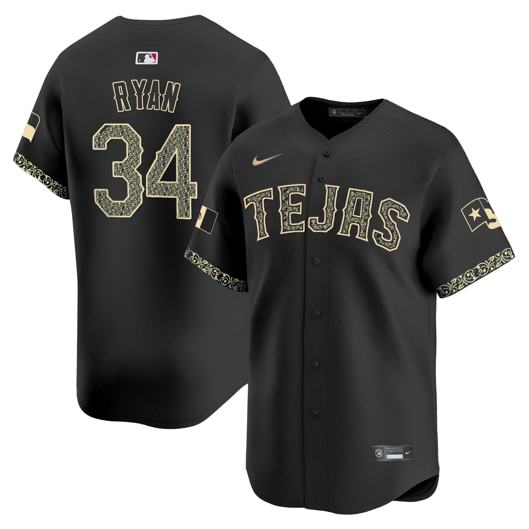 Men's Texas Rangers Mexico Vapor Premier Limited Jersey V2 - All Stitched - Black Heritage, Nolan Ryan