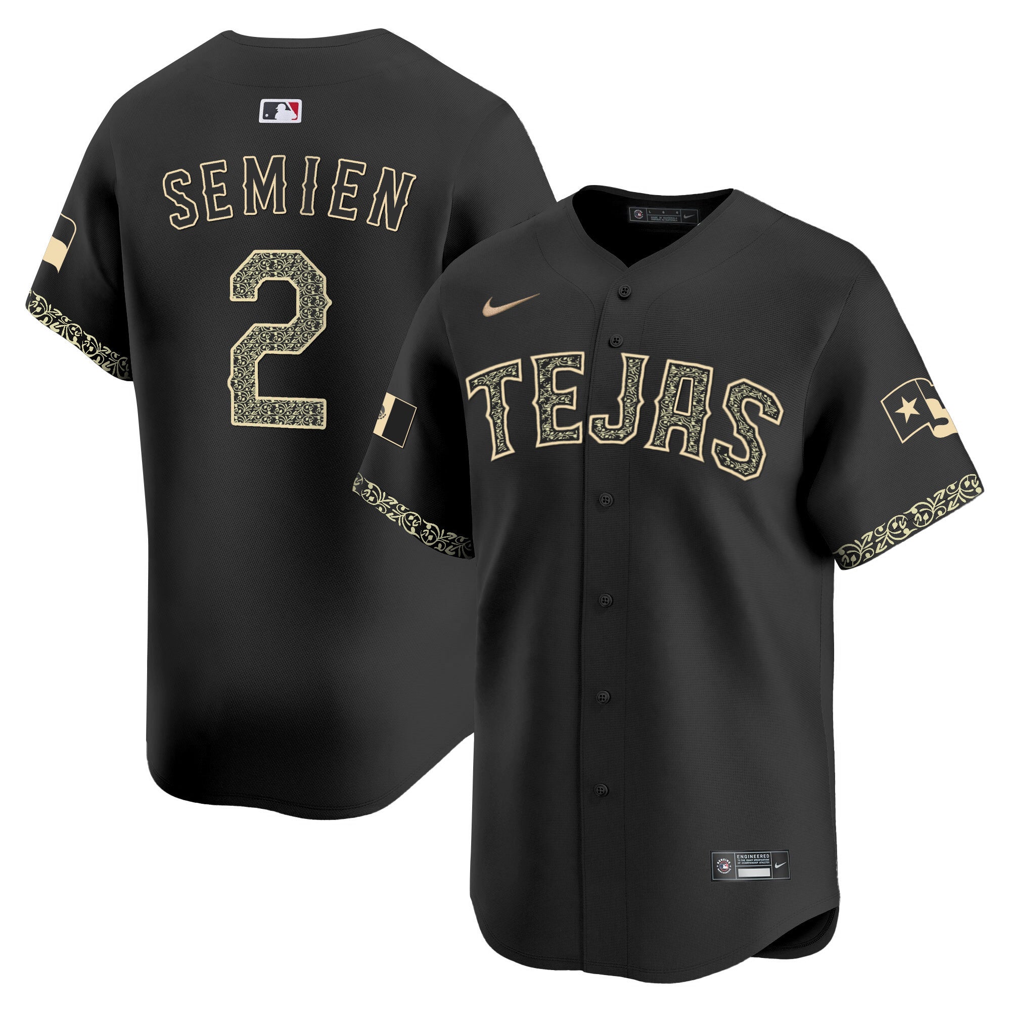 Men's Texas Rangers Mexico Vapor Premier Limited Jersey V2 - All Stitched - Black Heritage, Marcus Semien