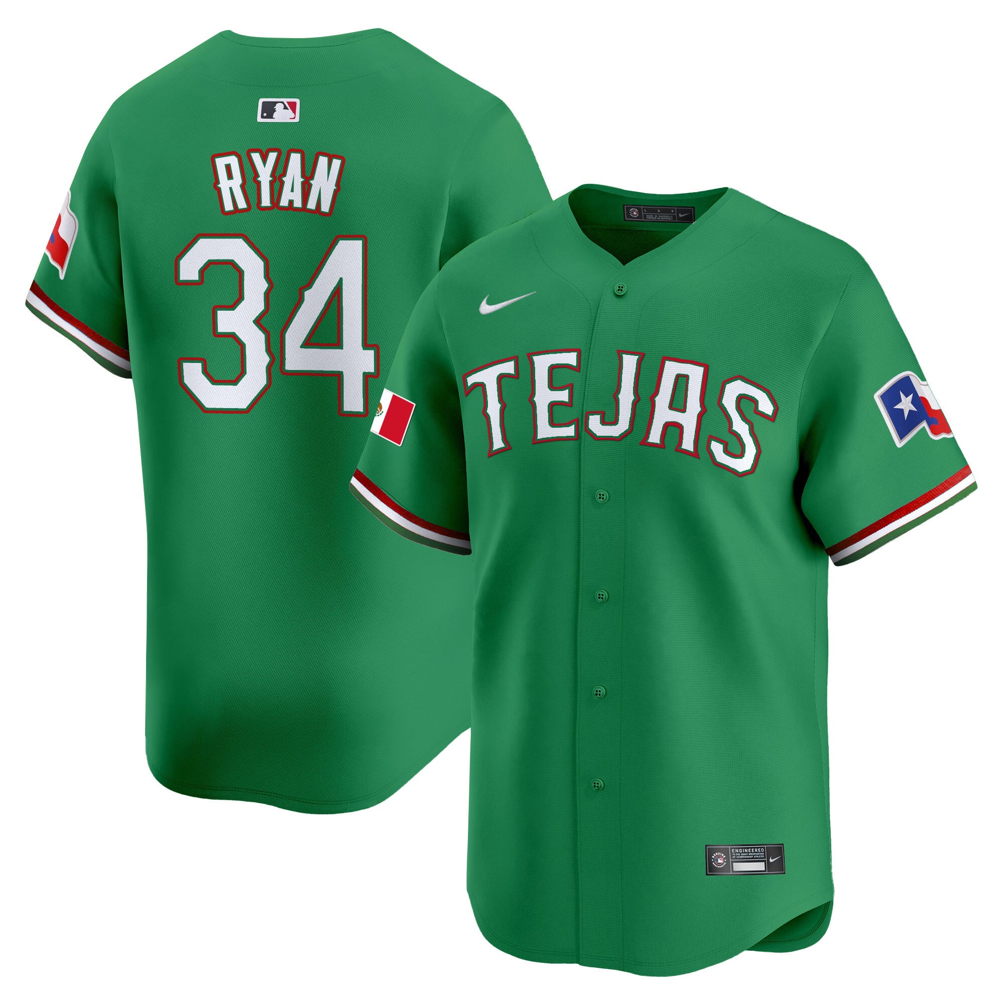 Men's Texas Rangers Mexico Vapor Premier Limited Jersey V2 - All Stitched - Green, Nolan Ryan