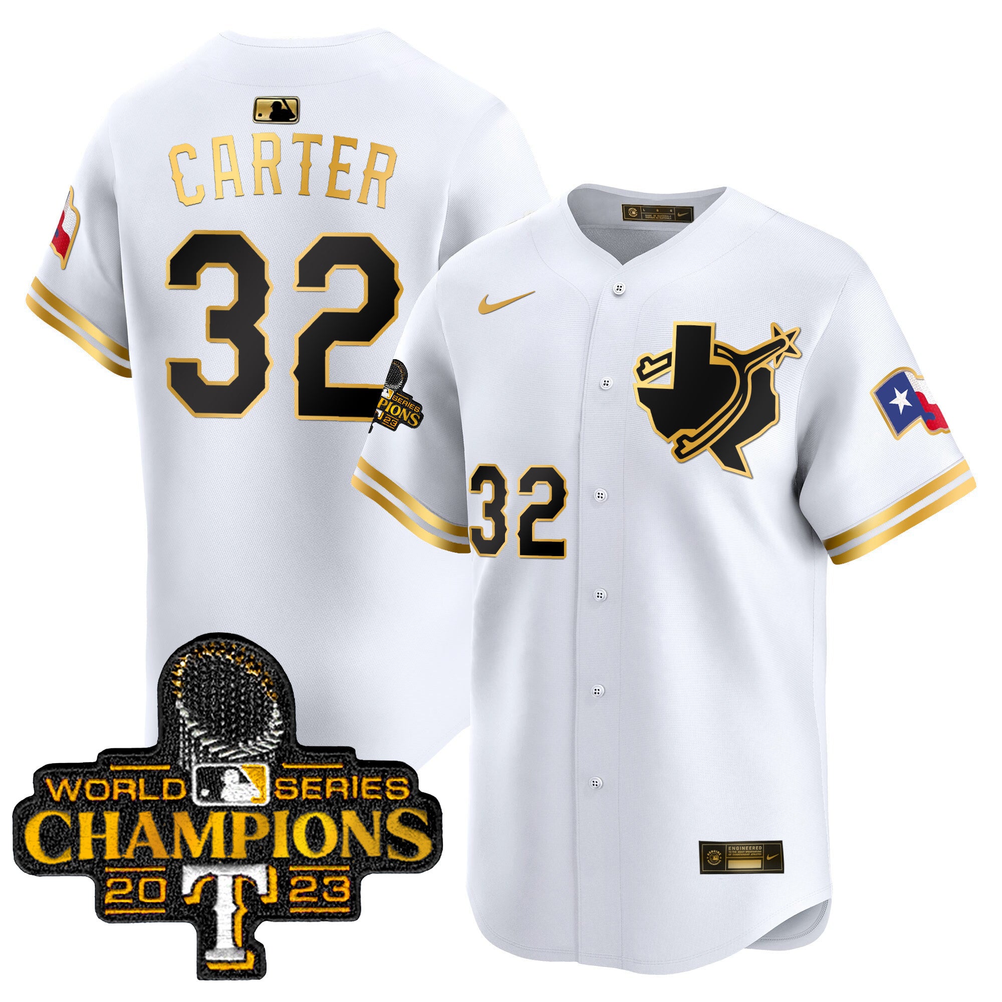 Men's Texas Rangers World Series Champions Vapor Premier Limited Jersey V3 - All Stitched - White Gold, Evan Carter