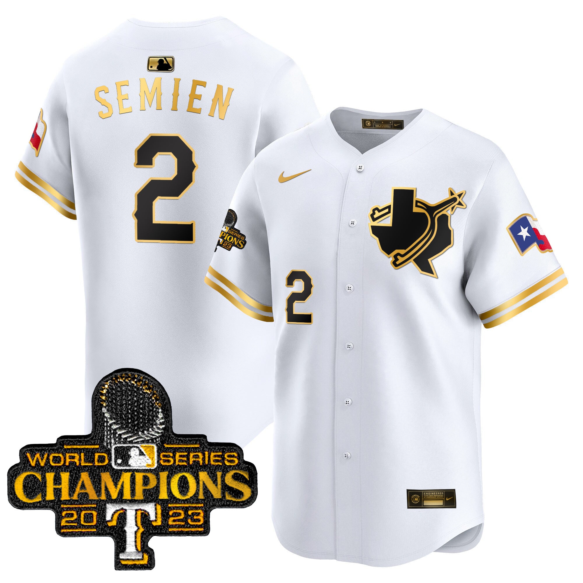 Men's Texas Rangers World Series Champions Vapor Premier Limited Jersey V3 - All Stitched - White Gold, Marcus Semien