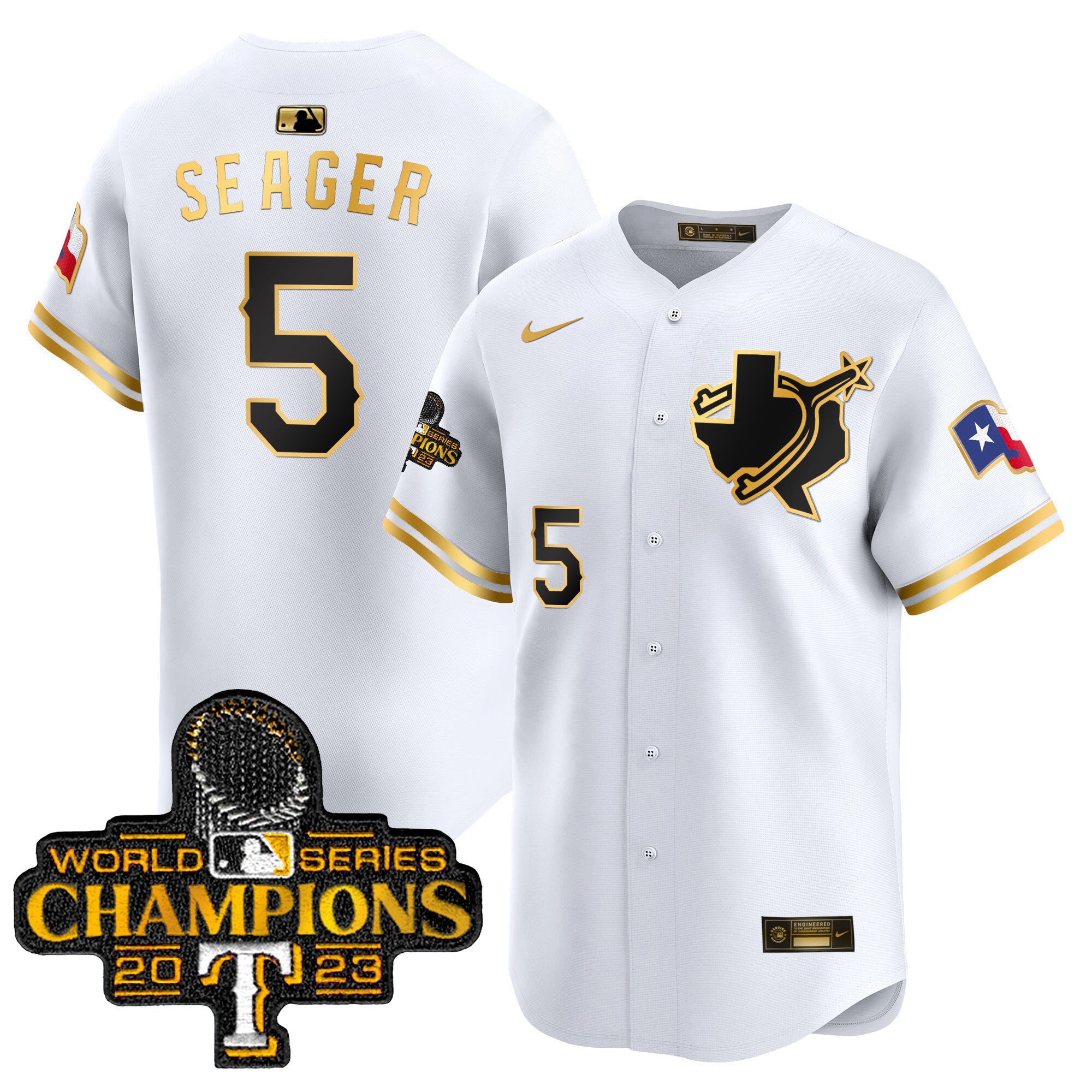 Men's Texas Rangers World Series Champions Vapor Premier Limited Jersey V3 - All Stitched - White Gold, Corey Seager