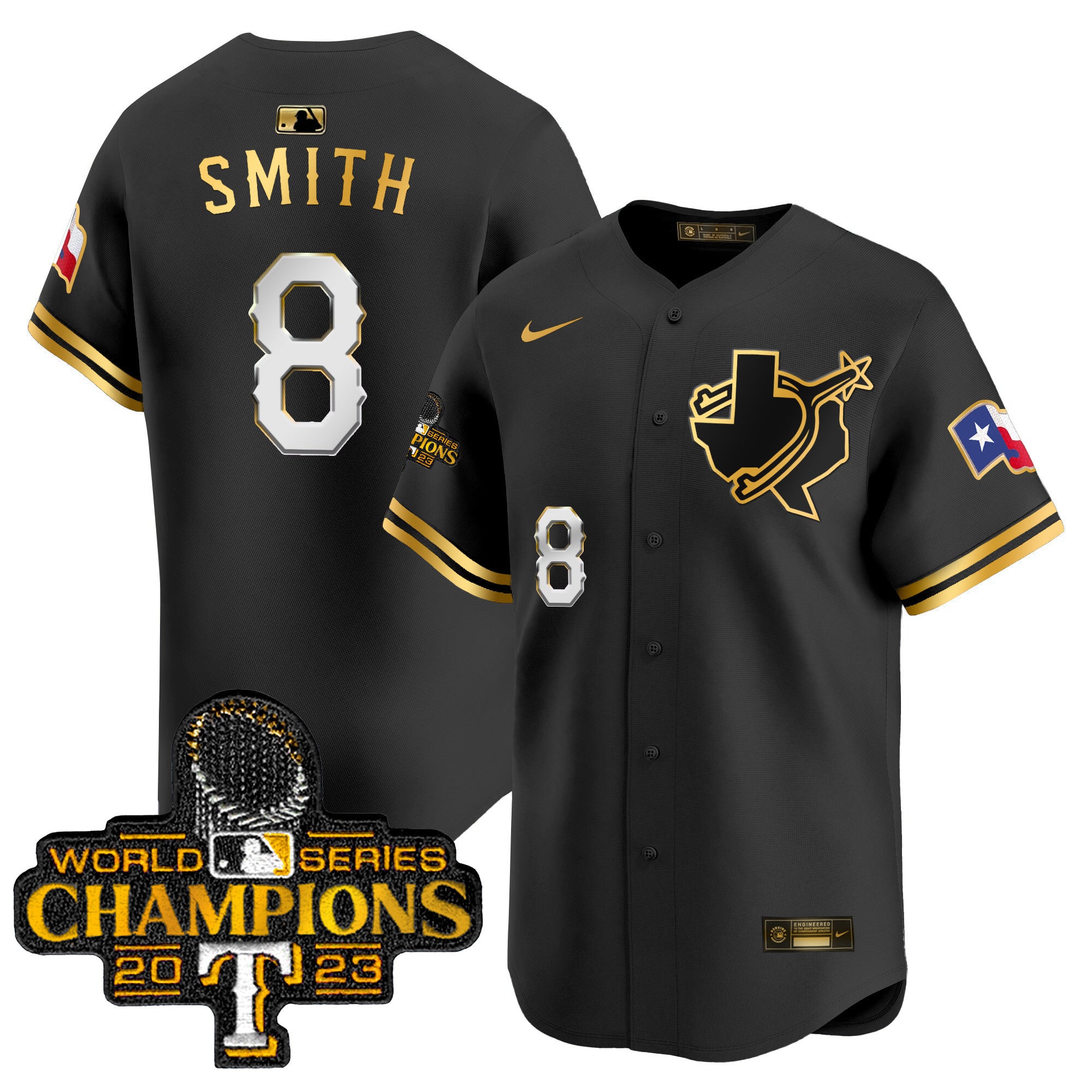 Men's Texas Rangers World Series Champions Vapor Premier Limited Jersey V3 - All Stitched - Black Gold, Josh Smith