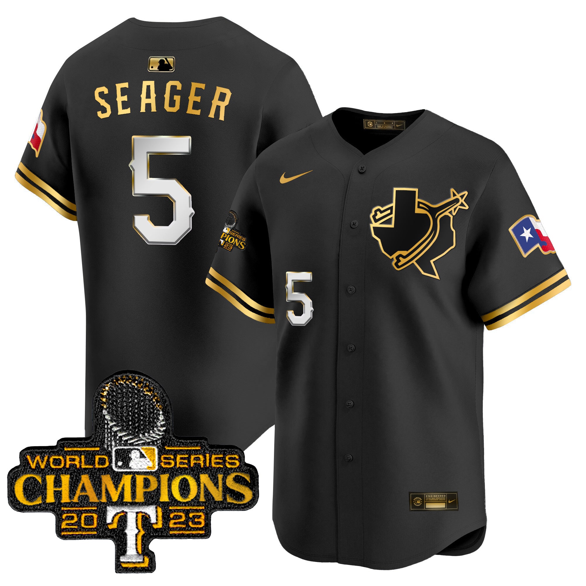 Men's Texas Rangers World Series Champions Vapor Premier Limited Jersey V3 - All Stitched - Black Gold, Corey Seager