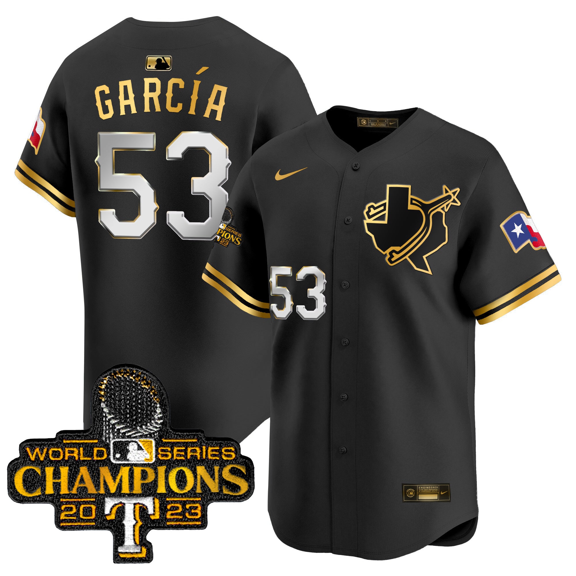 Men's Texas Rangers World Series Champions Vapor Premier Limited Jersey V3 - All Stitched - Black Gold, Adolis Garcia