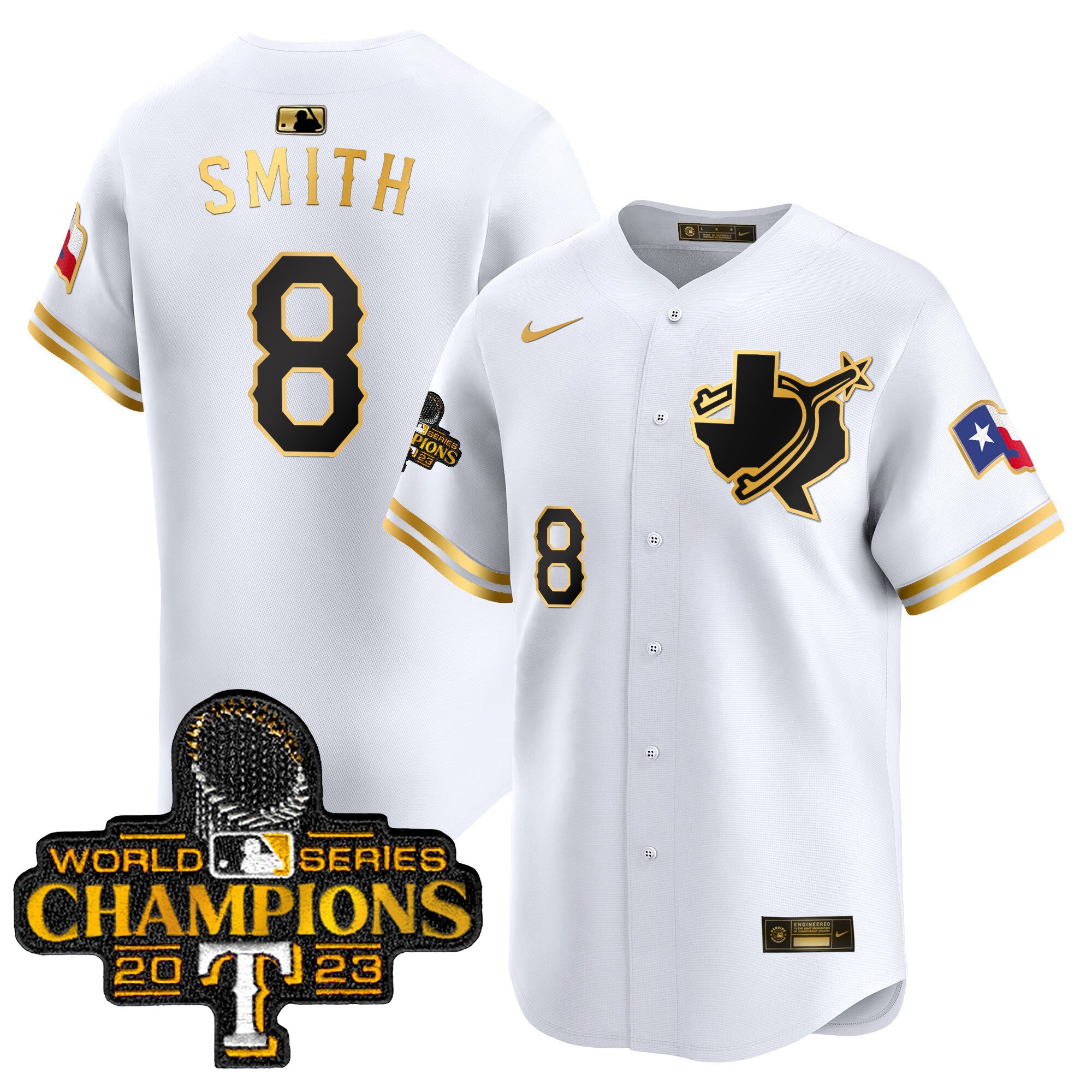 Men's Texas Rangers World Series Champions Vapor Premier Limited Jersey V3 - All Stitched - White Gold, Josh Smith