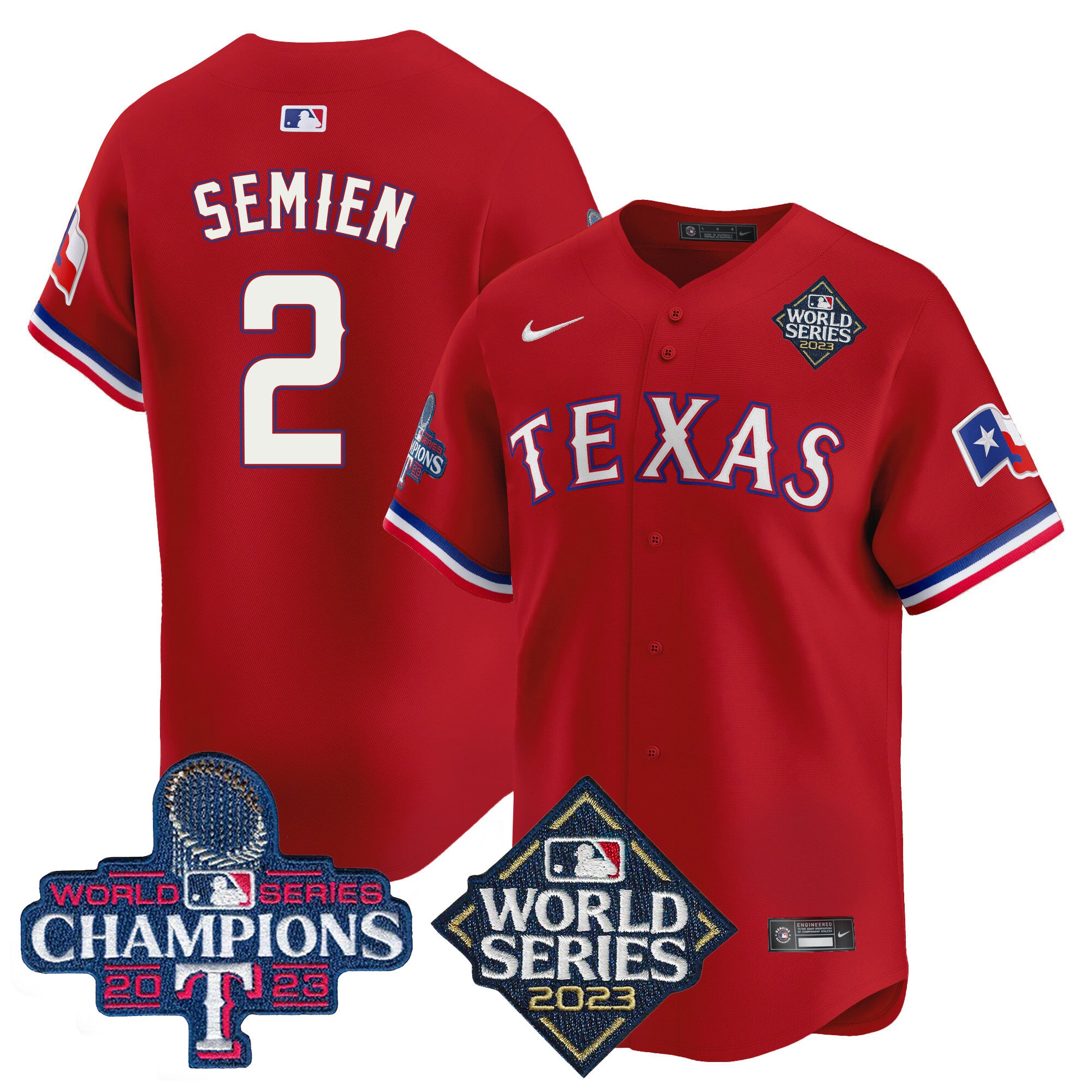 Men's Texas Rangers World Series Champions Vapor Premier Limited Jersey V4 - All Stitched - Red, Marcus Semien
