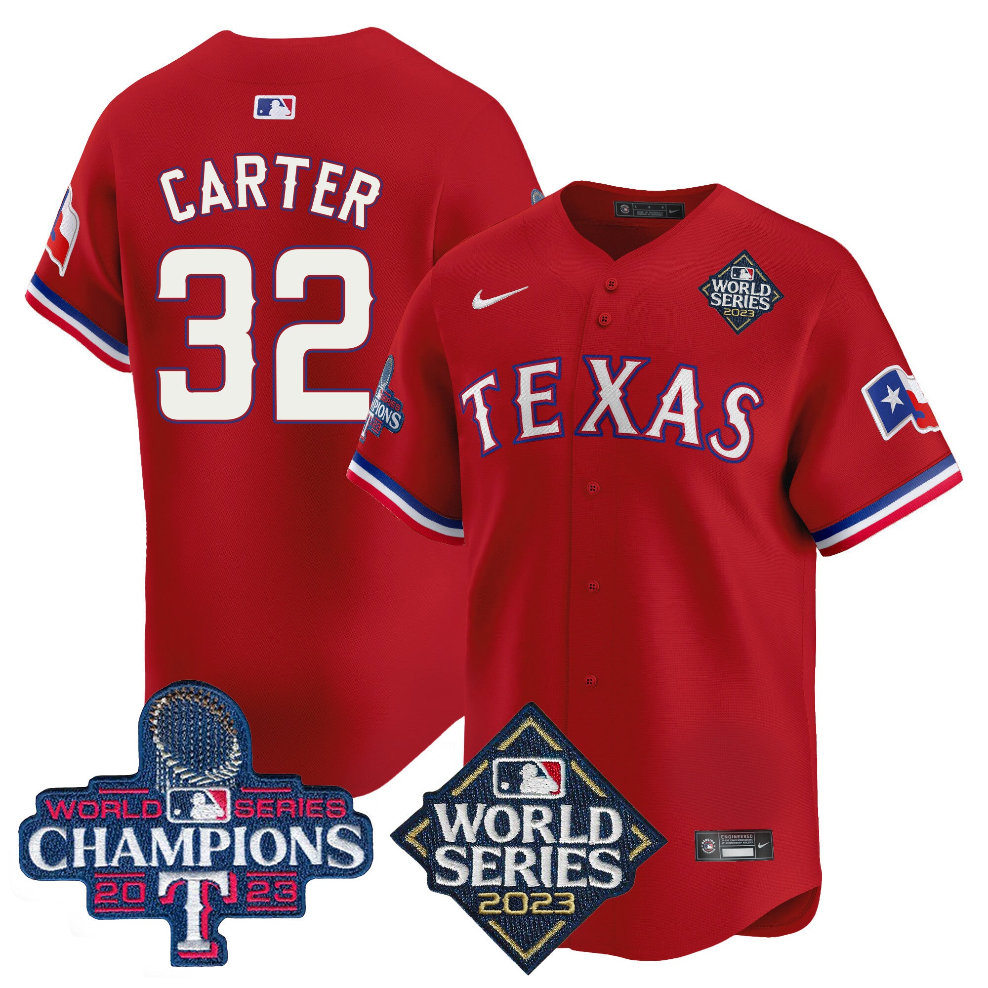 Men's Texas Rangers World Series Champions Vapor Premier Limited Jersey V4 - All Stitched - Red, Evan Carter