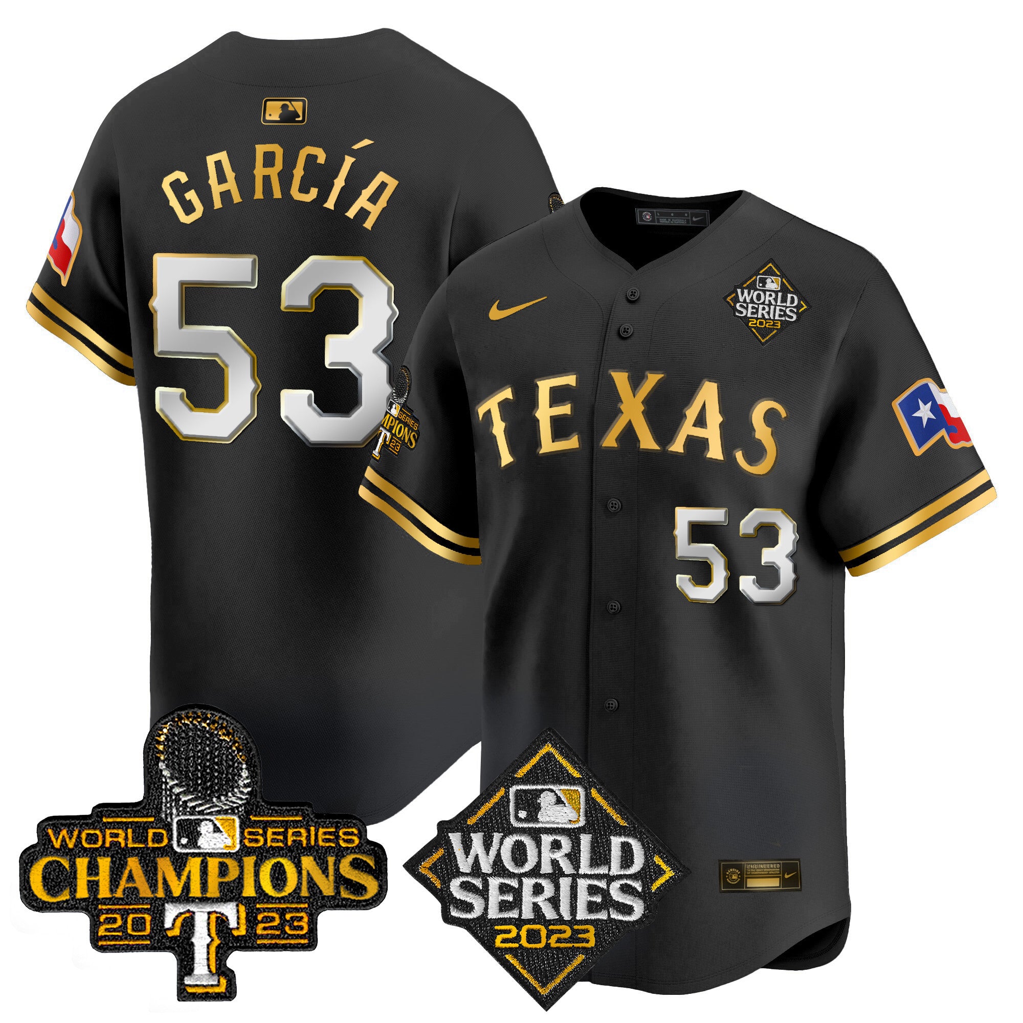 Men's Texas Rangers World Series Champions Vapor Premier Limited Jersey V4 - All Stitched - Black Gold, Adolis Garcia