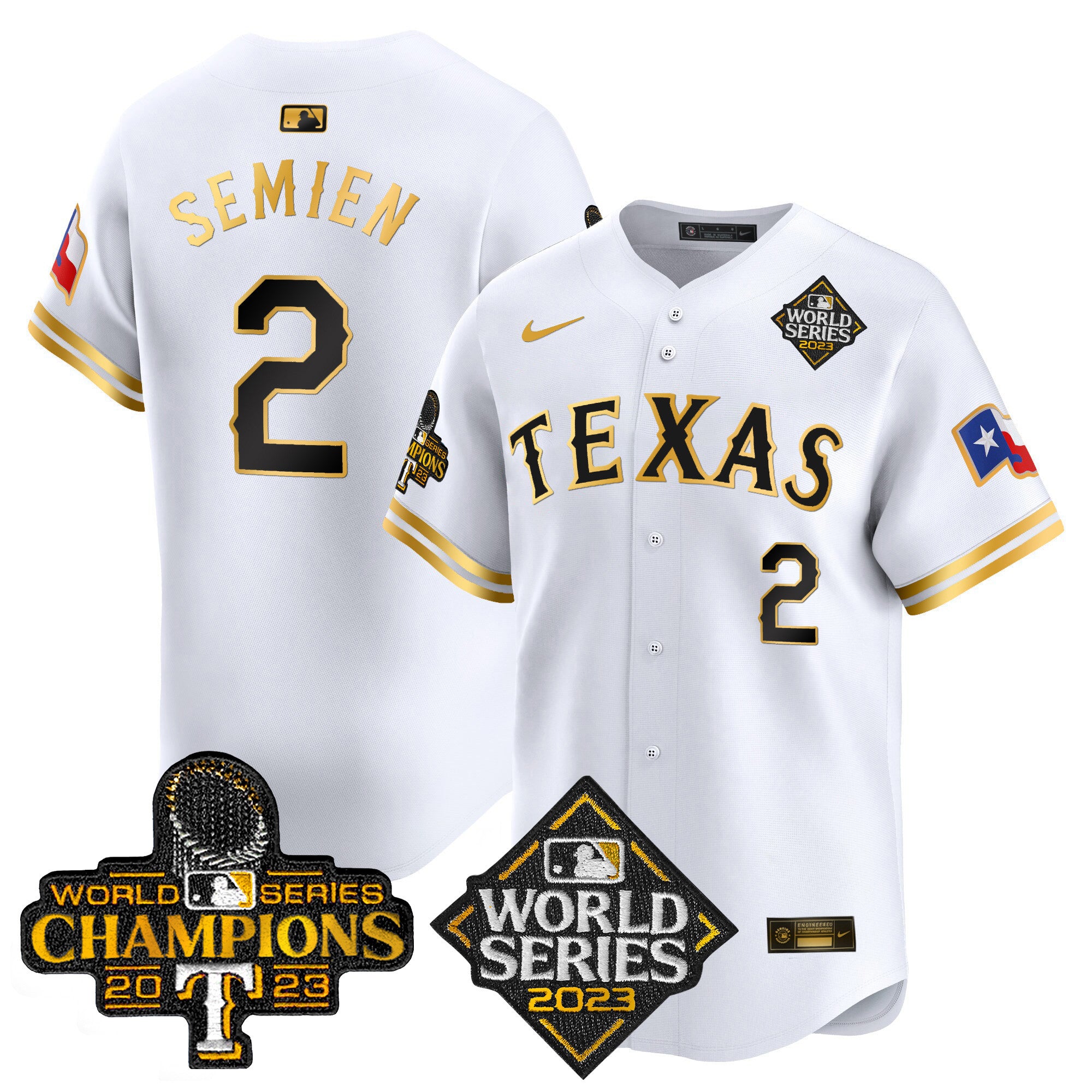 Men's Texas Rangers World Series Champions Vapor Premier Limited Jersey V4 - All Stitched - White Gold, Marcus Semien