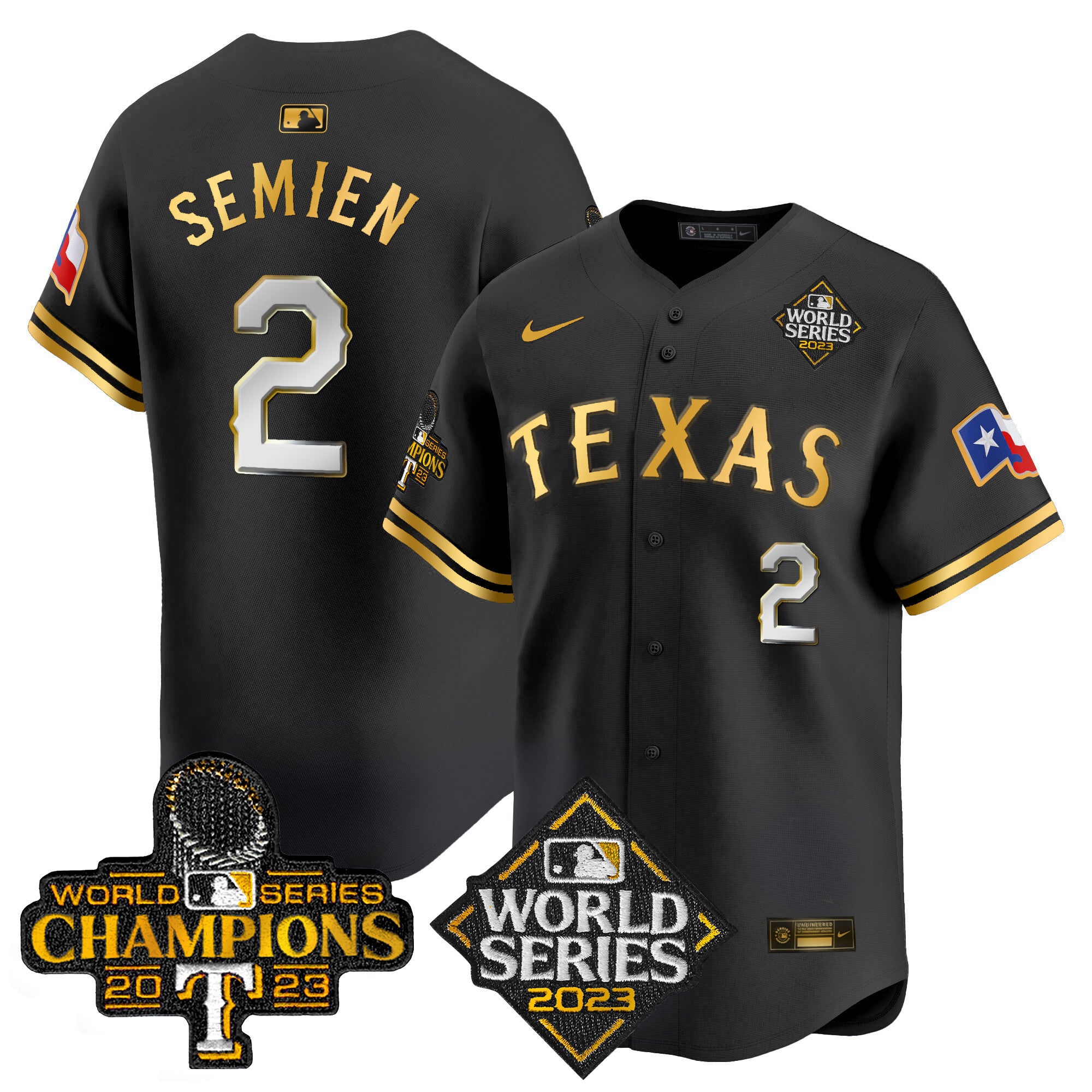 Men's Texas Rangers World Series Champions Vapor Premier Limited Jersey V4 - All Stitched - Black Gold, Marcus Semien