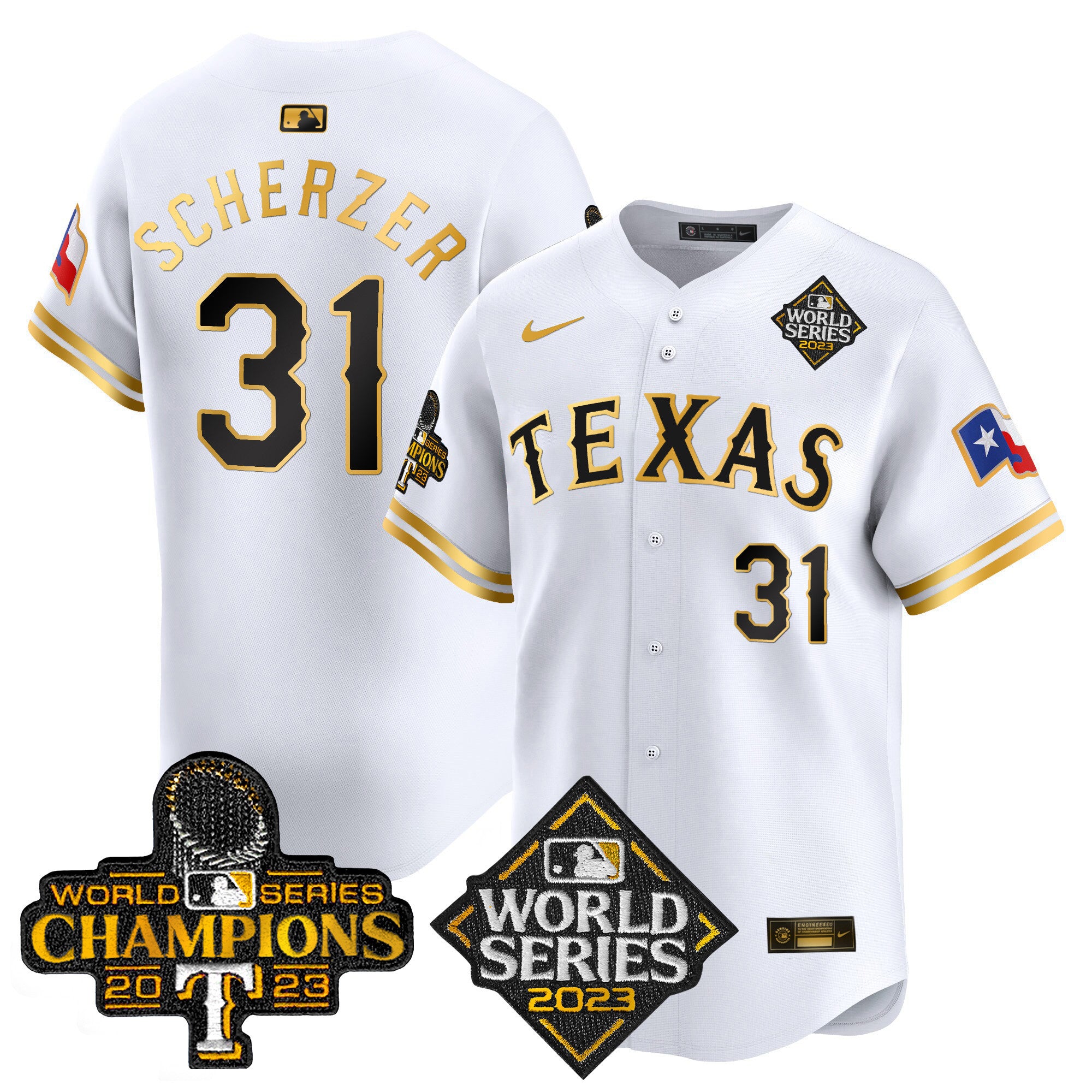 Men's Texas Rangers World Series Champions Vapor Premier Limited Jersey V4 - All Stitched - White Gold, Max Scherzer