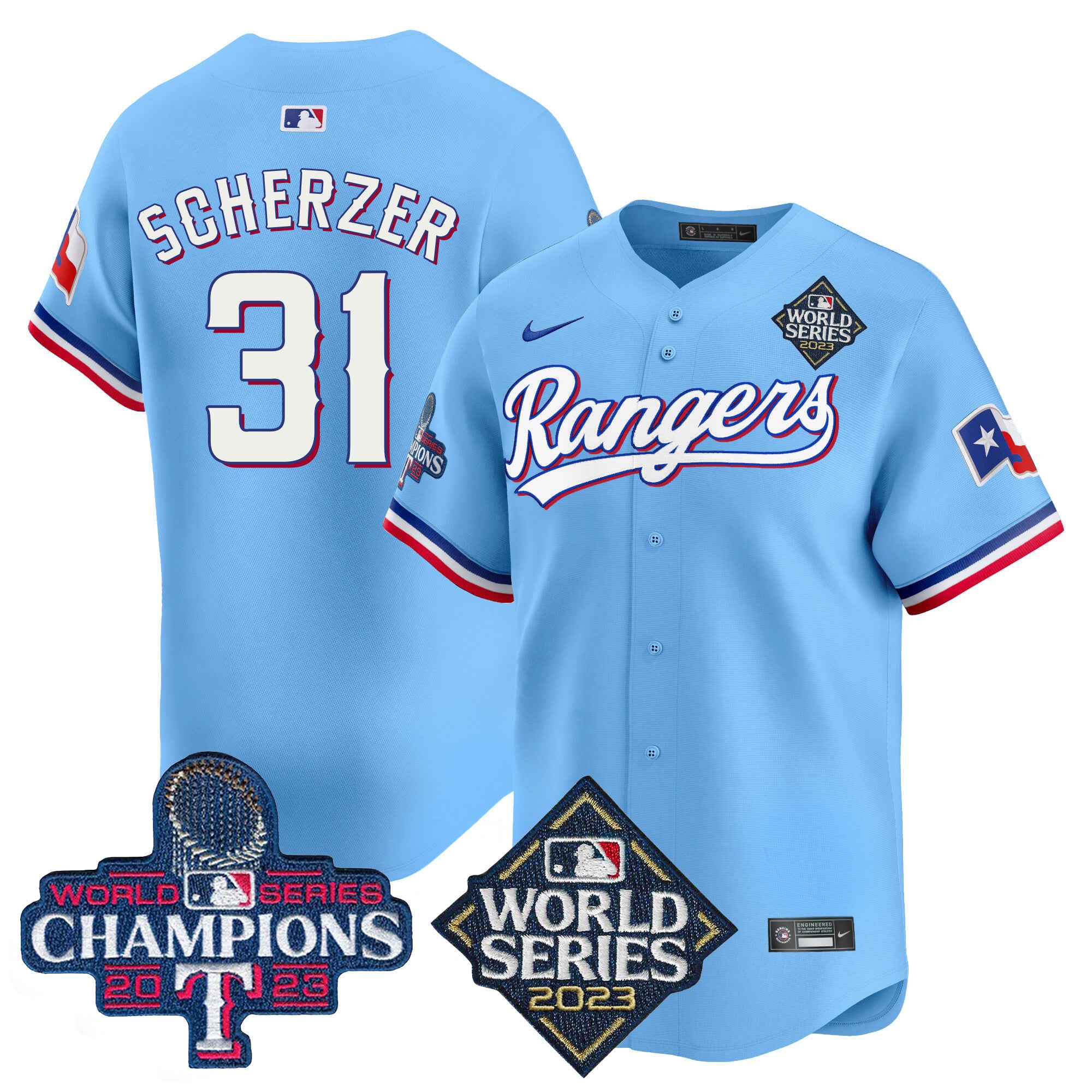Men's Texas Rangers World Series Champions Vapor Premier Limited Jersey V4 - All Stitched - Blue, Max Scherzer