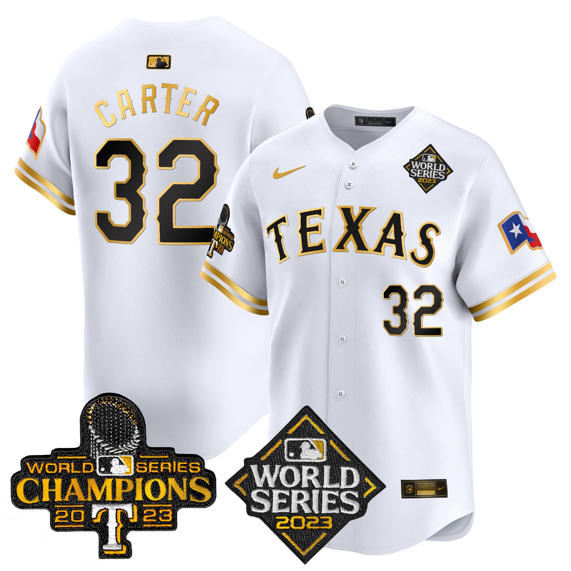 Men's Texas Rangers World Series Champions Vapor Premier Limited Jersey V4 - All Stitched - White Gold, Evan Carter