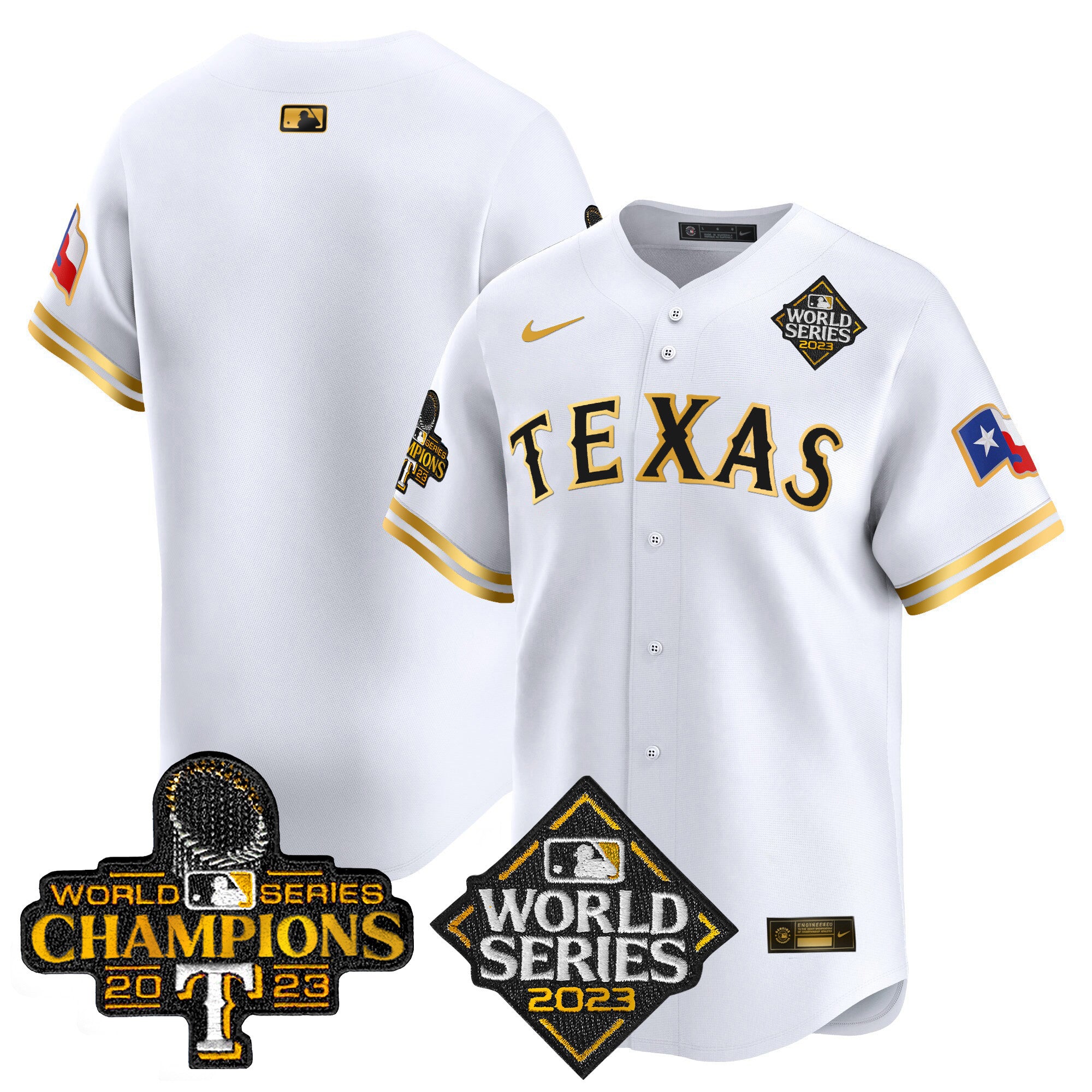 Men's Texas Rangers World Series Champions Vapor Premier Limited Jersey V4 - All Stitched - White Gold, Team