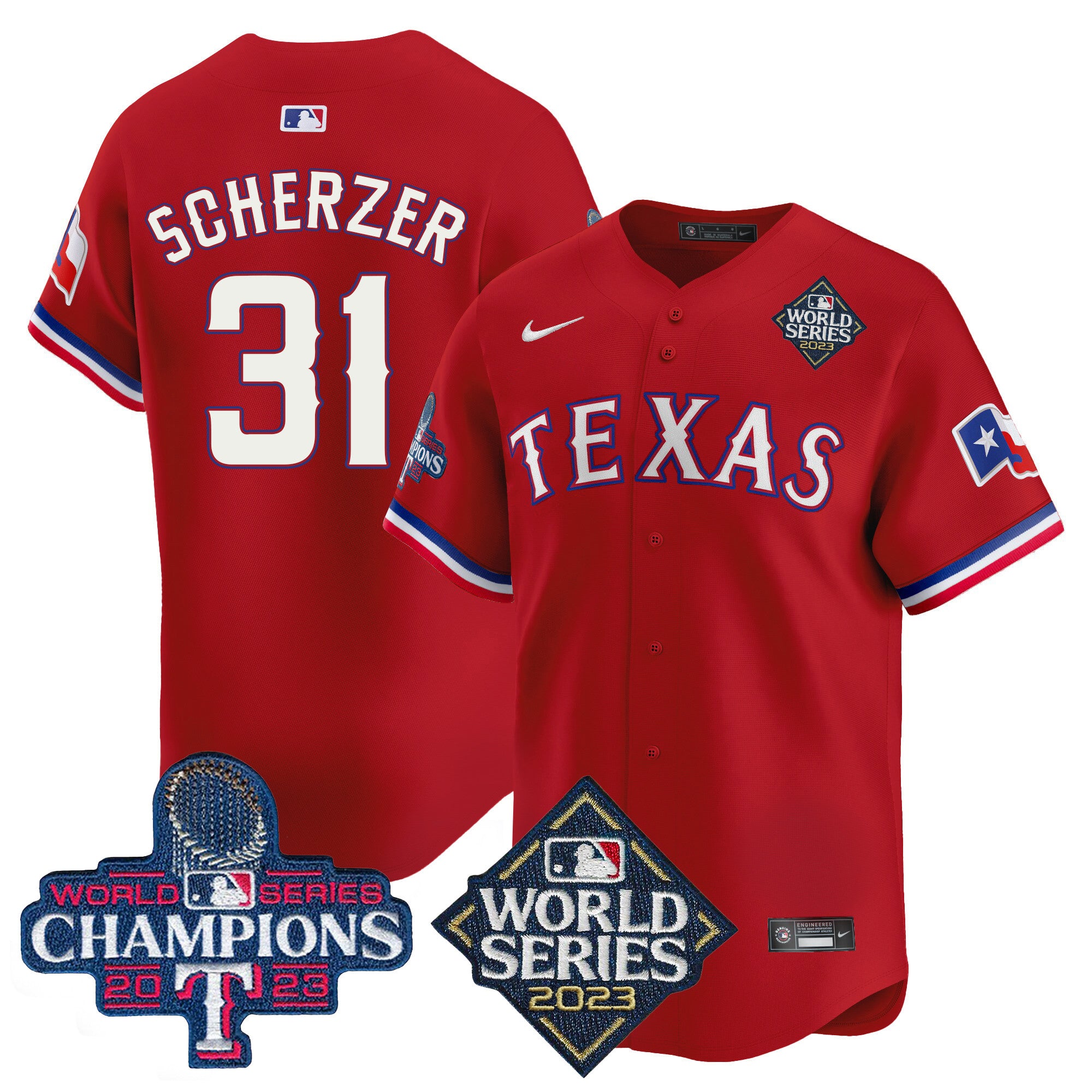 Men's Texas Rangers World Series Champions Vapor Premier Limited Jersey V4 - All Stitched - Red, Max Scherzer