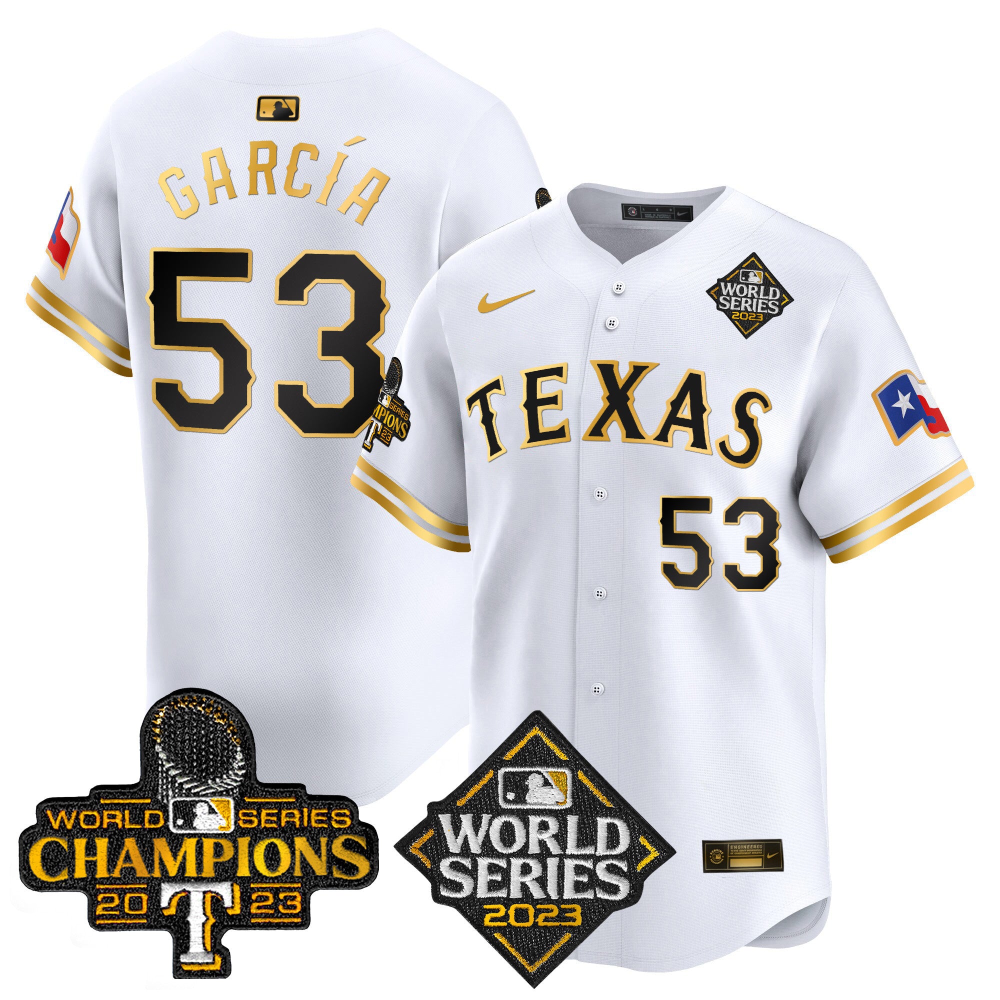 Men's Texas Rangers World Series Champions Vapor Premier Limited Jersey V4 - All Stitched - White Gold, Adolis Garcia
