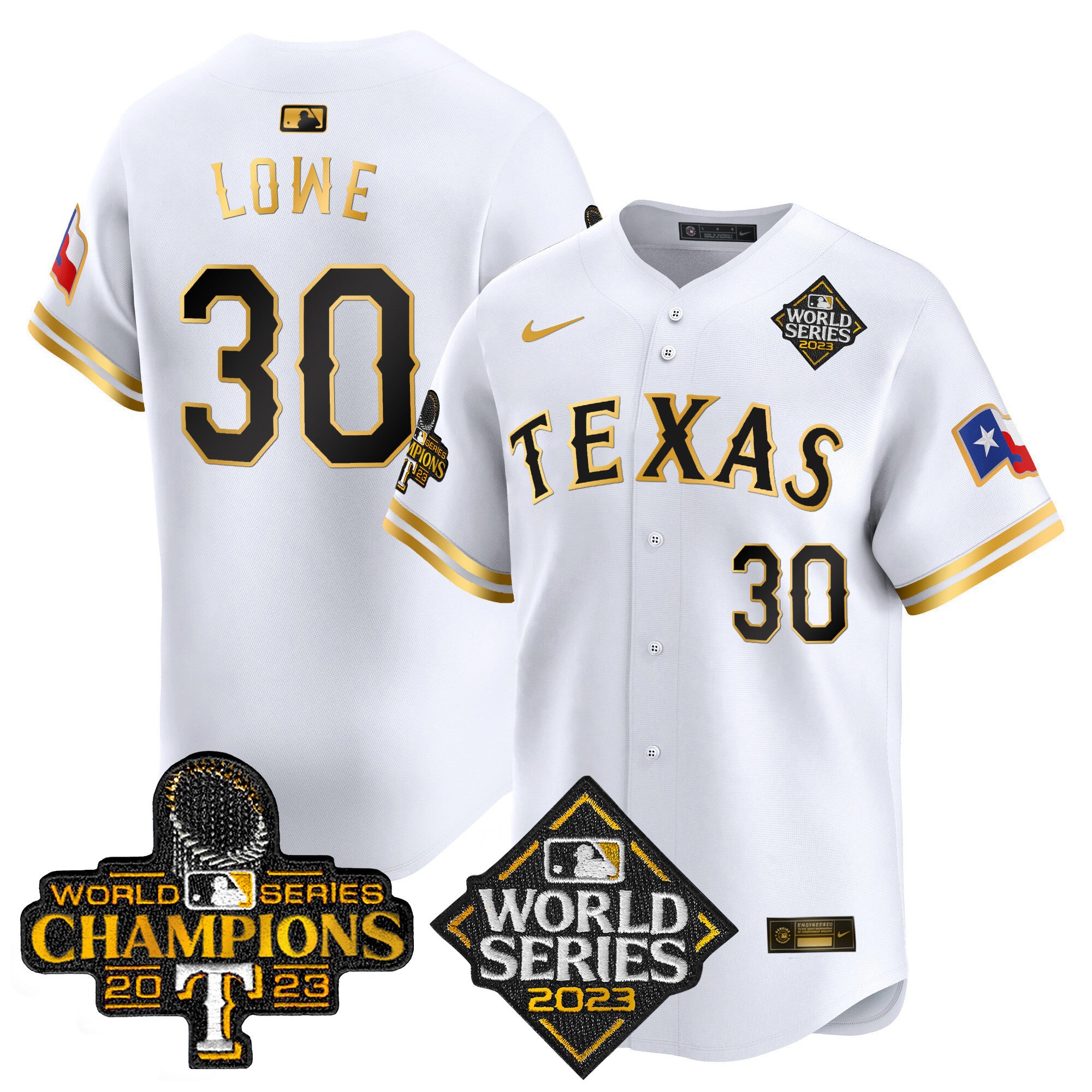 Men's Texas Rangers World Series Champions Vapor Premier Limited Jersey V4 - All Stitched - White Gold, Nathaniel Lowe
