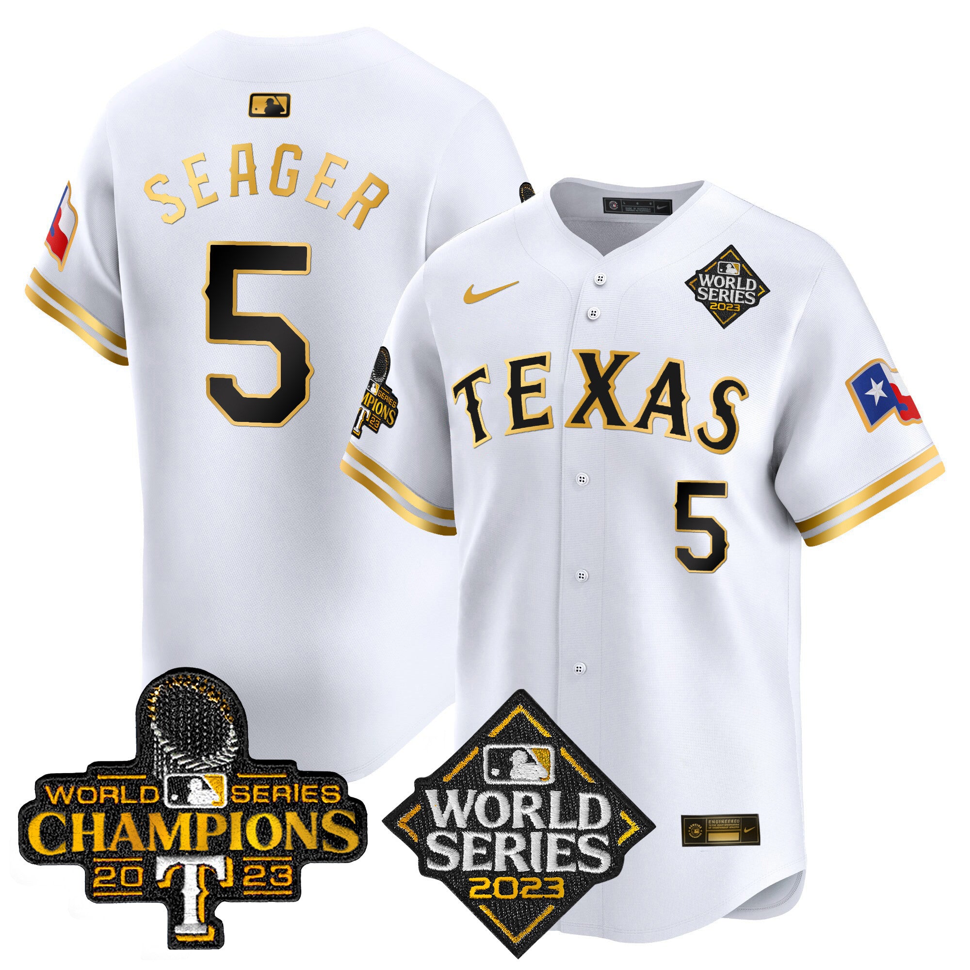 Men's Texas Rangers World Series Champions Vapor Premier Limited Jersey V4 - All Stitched - White Gold, Corey Seager