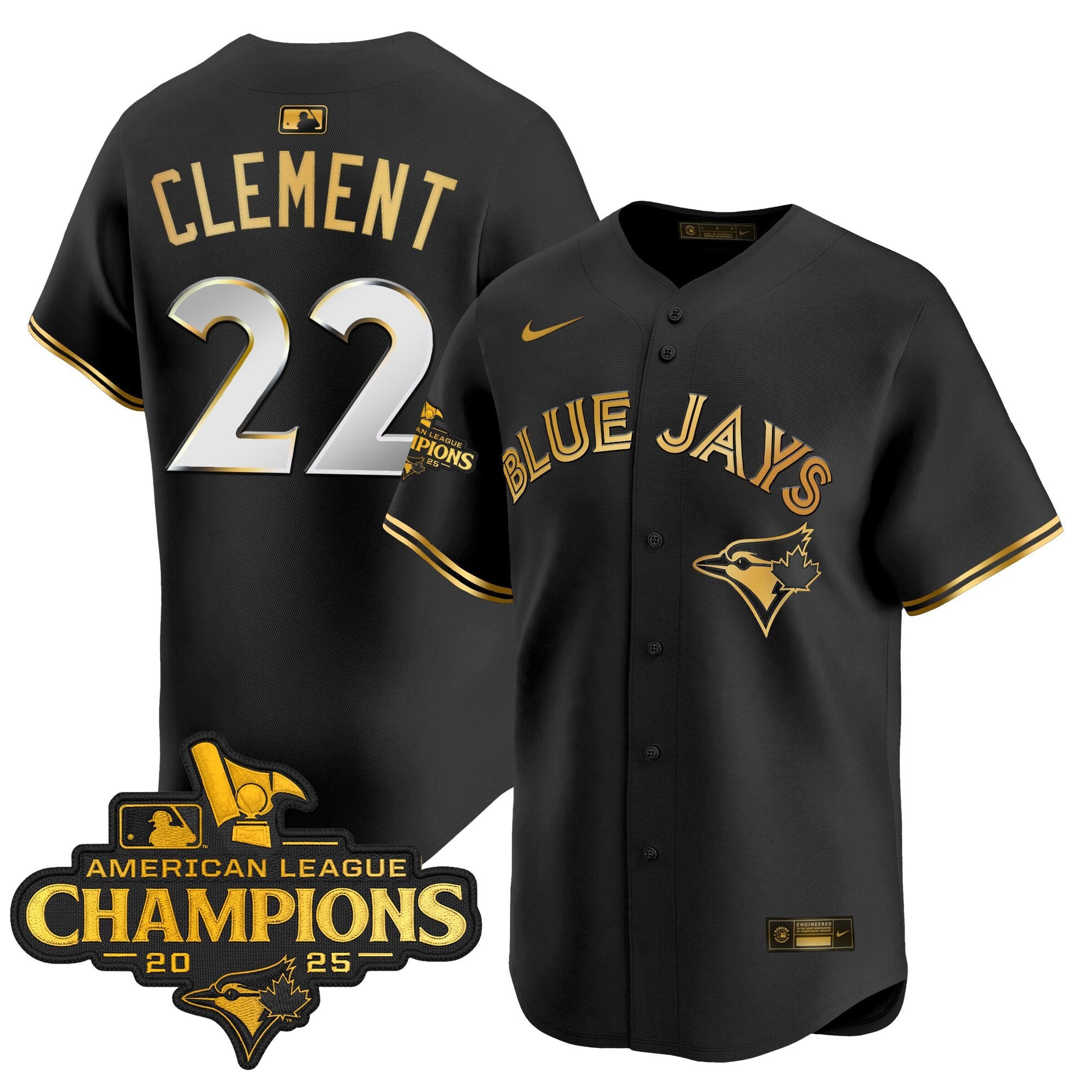 Men's Toronto Blue Jays 2025 American League Champions Vapor Premier Limited Jersey - All Stitched - Black Gold, Ernie Clement