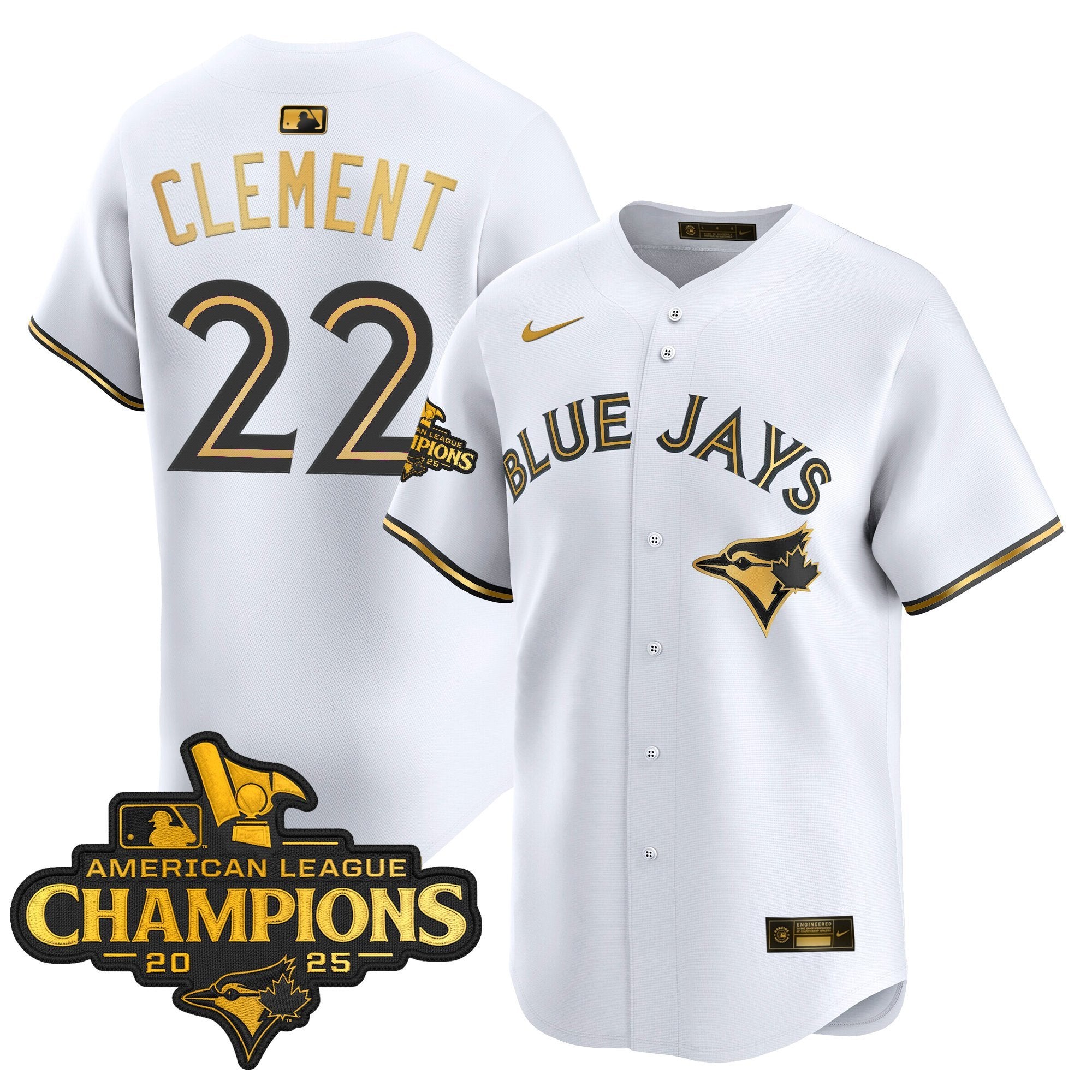Men's Toronto Blue Jays 2025 American League Champions Vapor Premier Limited Jersey - All Stitched - White Gold, Ernie Clement