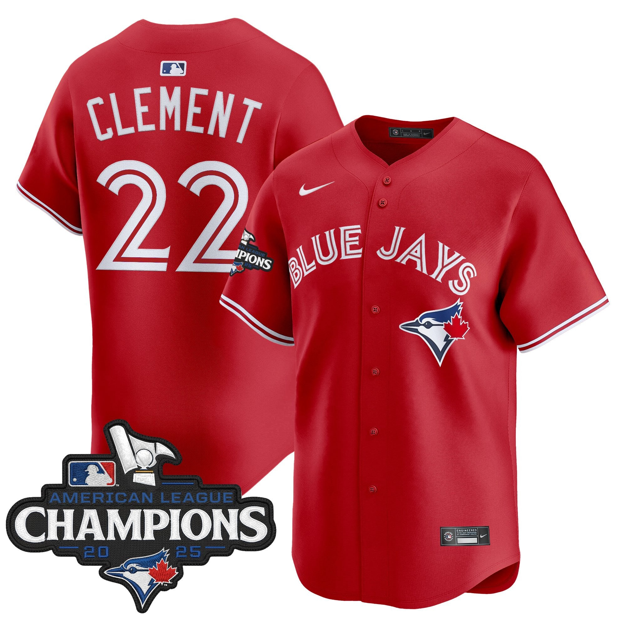 Men's Toronto Blue Jays 2025 American League Champions Vapor Premier Limited Jersey - All Stitched - Red, Ernie Clement