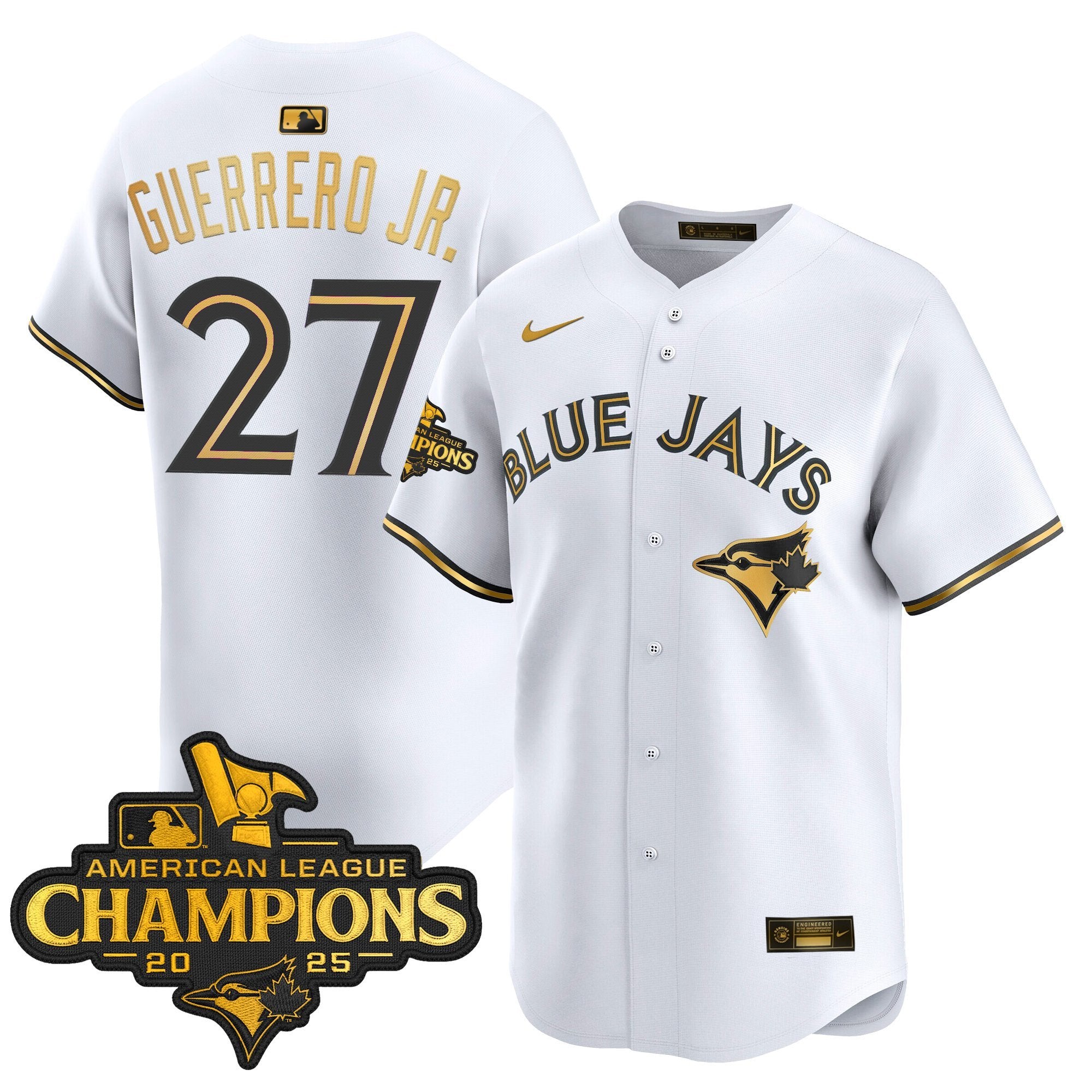 Men's Toronto Blue Jays 2025 American League Champions Vapor Premier Limited Jersey - All Stitched - White Gold, Vladimir Guerrero Jr.