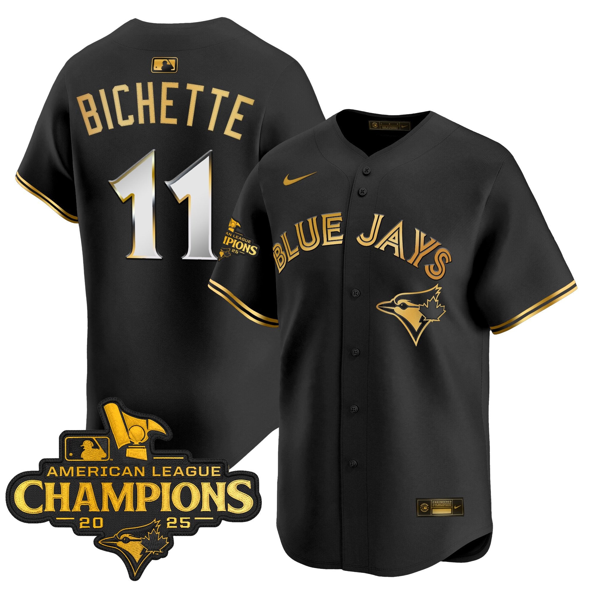 Men's Toronto Blue Jays 2025 American League Champions Vapor Premier Limited Jersey - All Stitched - Black Gold, Bo Bichette