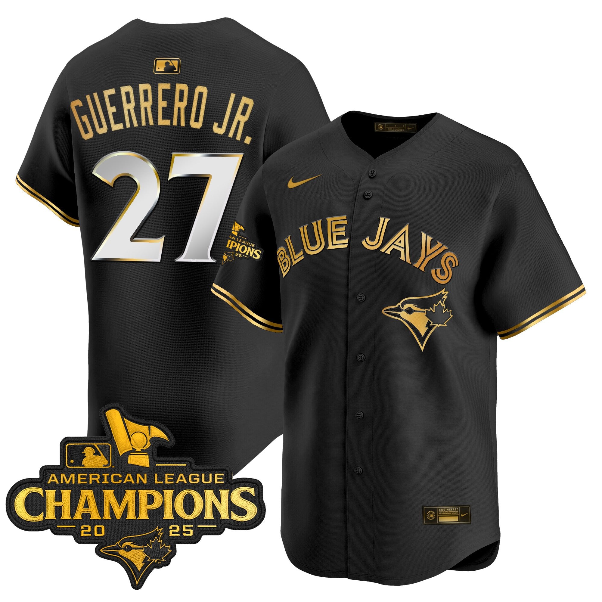 Men's Toronto Blue Jays 2025 American League Champions Vapor Premier Limited Jersey - All Stitched - Black Gold, Vladimir Guerrero Jr.