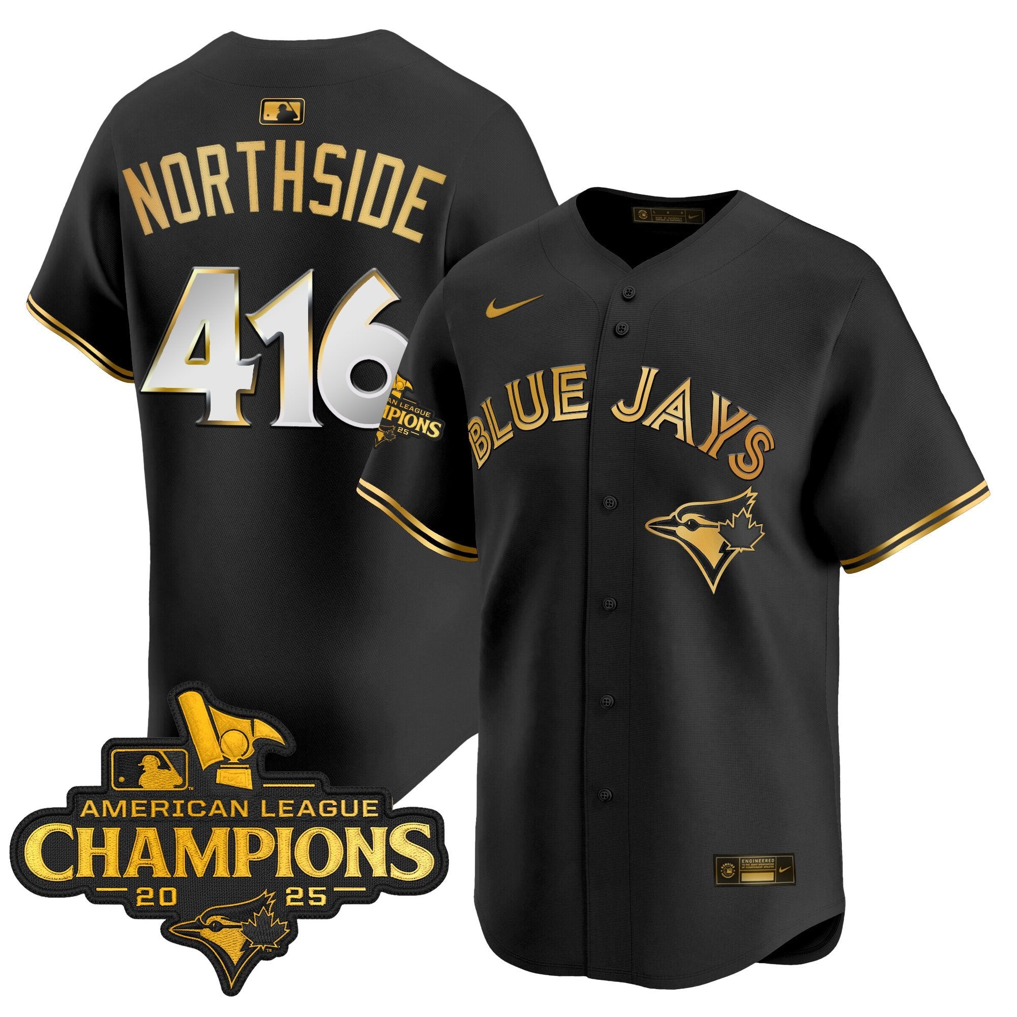 Men's Toronto Blue Jays 2025 American League Champions Vapor Premier Limited Jersey - All Stitched - Black Gold, NorthSide 416
