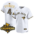 Men's Toronto Blue Jays 2025 American League Champions Vapor Premier Limited Jersey - All Stitched - White Gold, George Springer