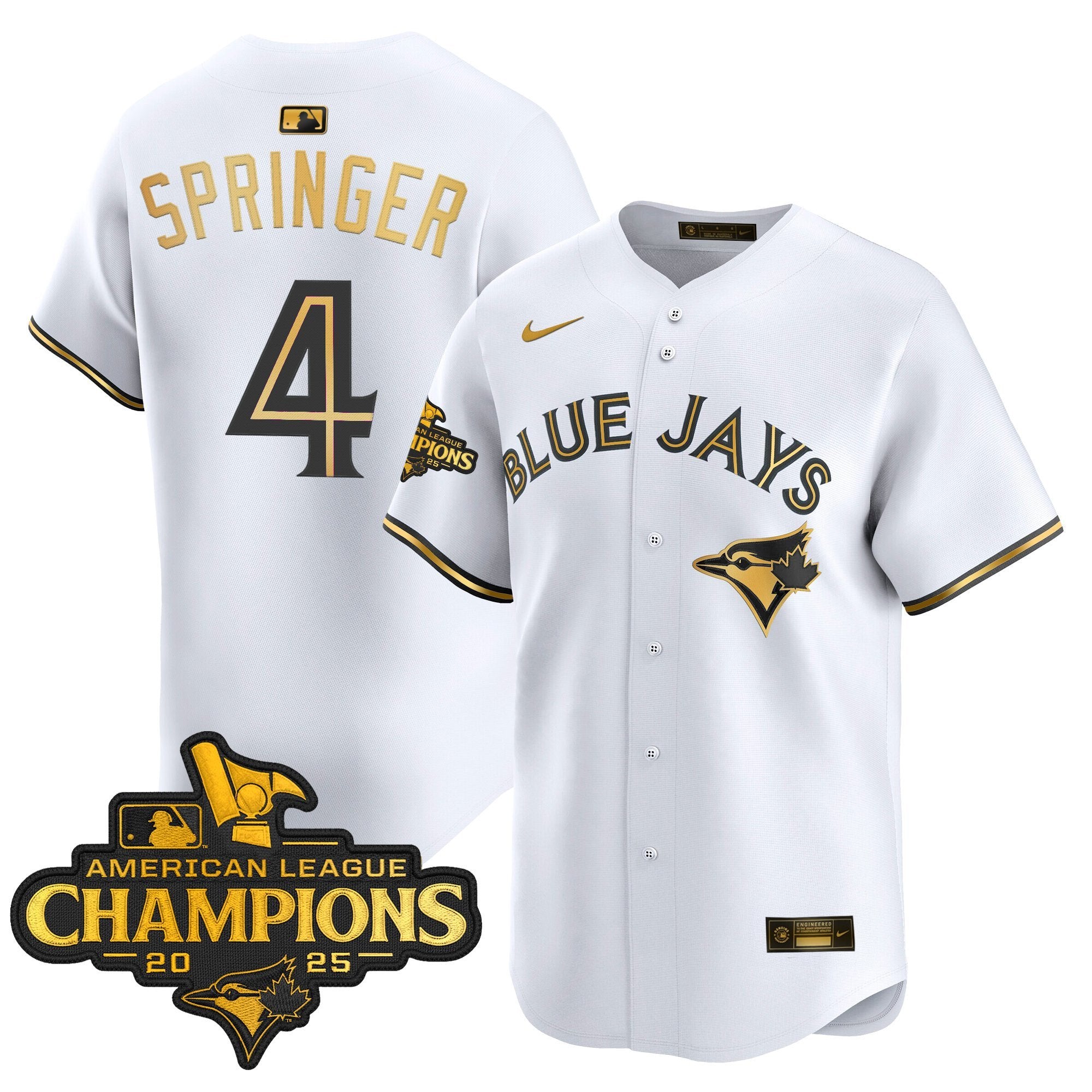Men's Toronto Blue Jays 2025 American League Champions Vapor Premier Limited Jersey - All Stitched - White Gold, George Springer