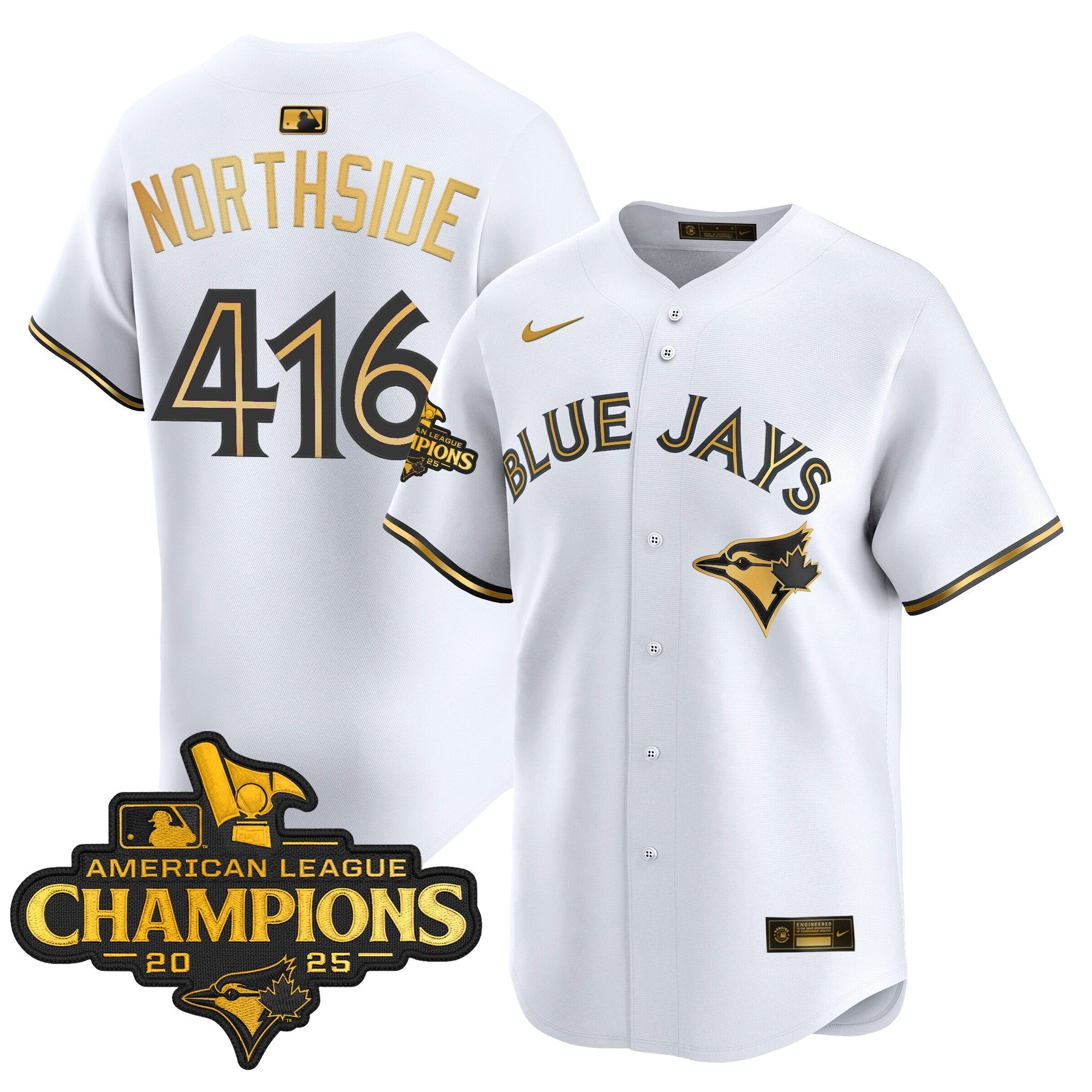 Men's Toronto Blue Jays 2025 American League Champions Vapor Premier Limited Jersey - All Stitched - White Gold, NorthSide 416