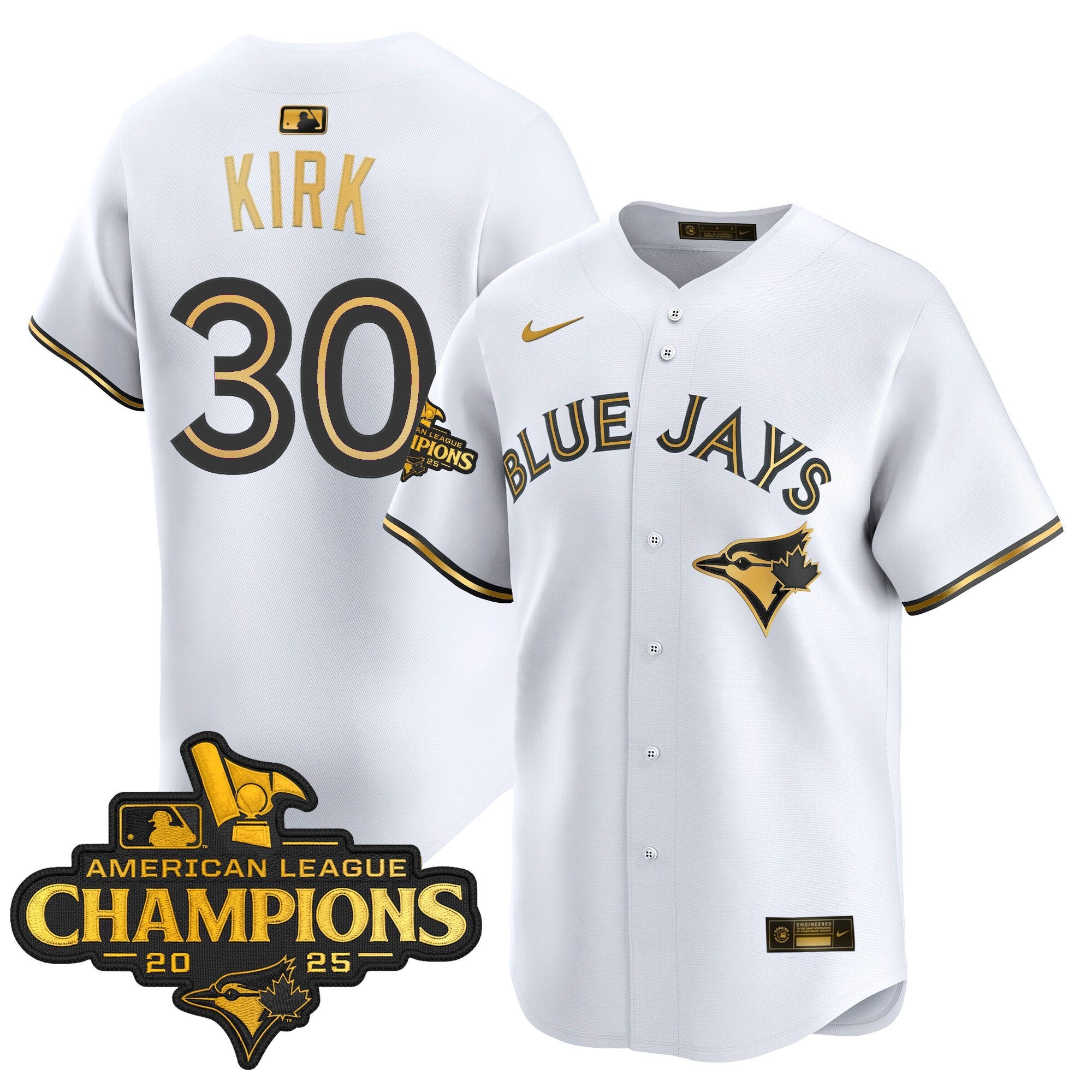 Men's Toronto Blue Jays 2025 American League Champions Vapor Premier Limited Jersey - All Stitched - White Gold, Alejandro Kirk