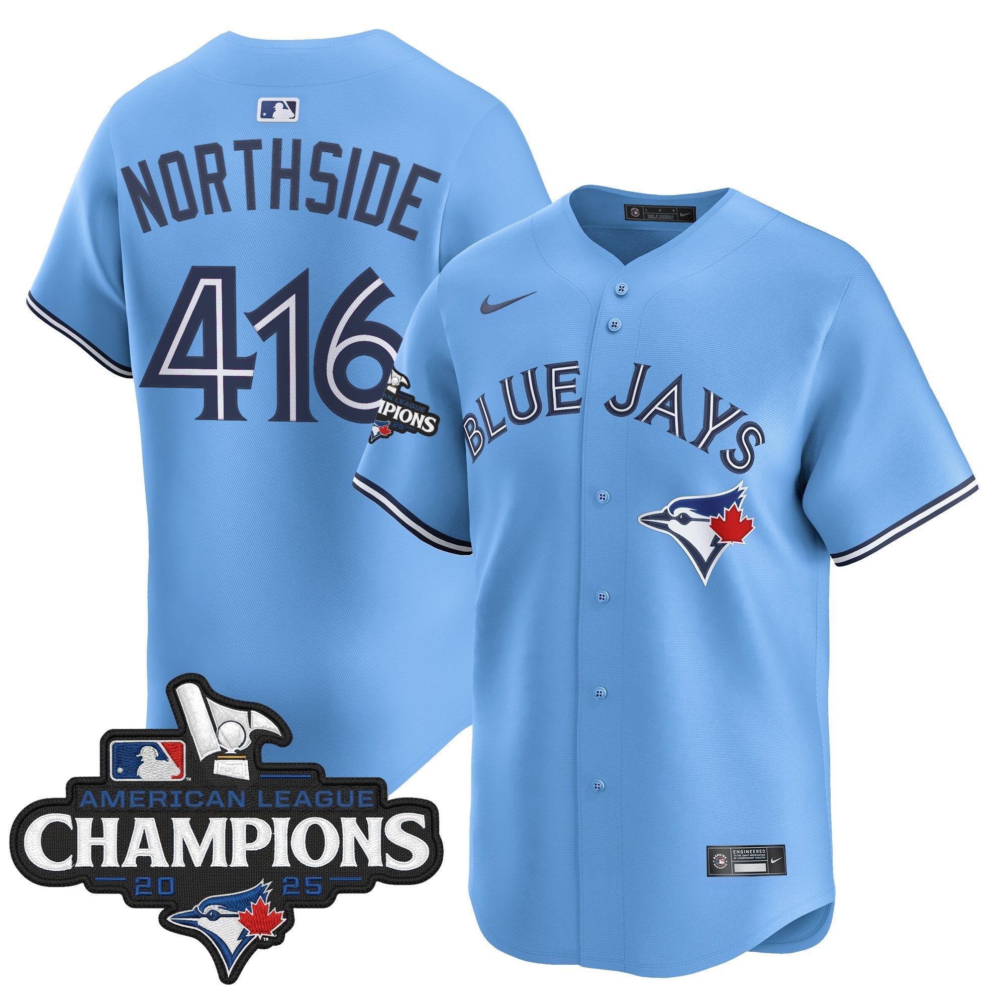 Men's Toronto Blue Jays 2025 American League Champions Vapor Premier Limited Jersey - All Stitched - Powder Blue, NorthSide 416