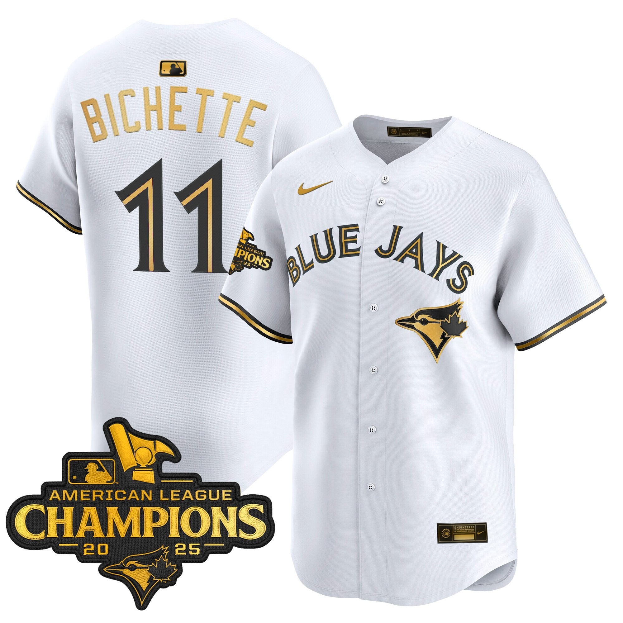 Men's Toronto Blue Jays 2025 American League Champions Vapor Premier Limited Jersey - All Stitched - White Gold, Bo Bichette