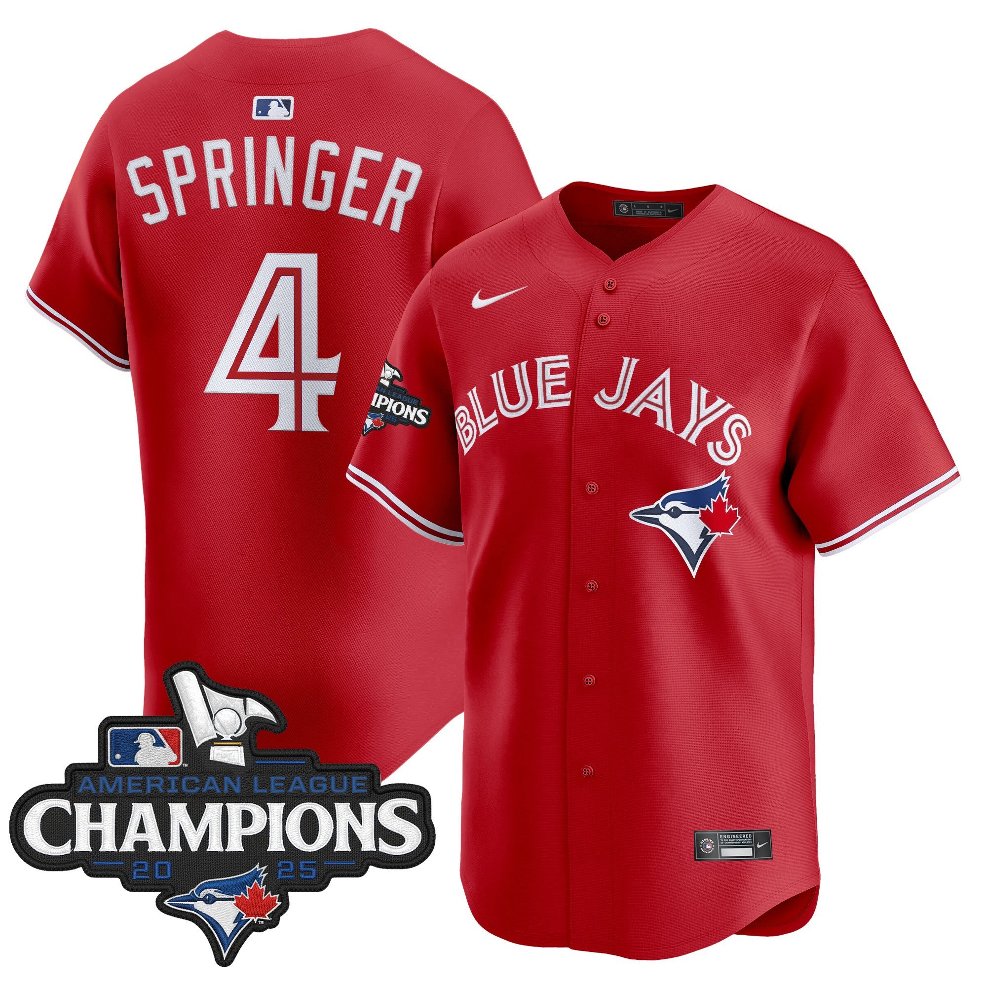 Men's Toronto Blue Jays 2025 American League Champions Vapor Premier Limited Jersey - All Stitched - Red, George Springer