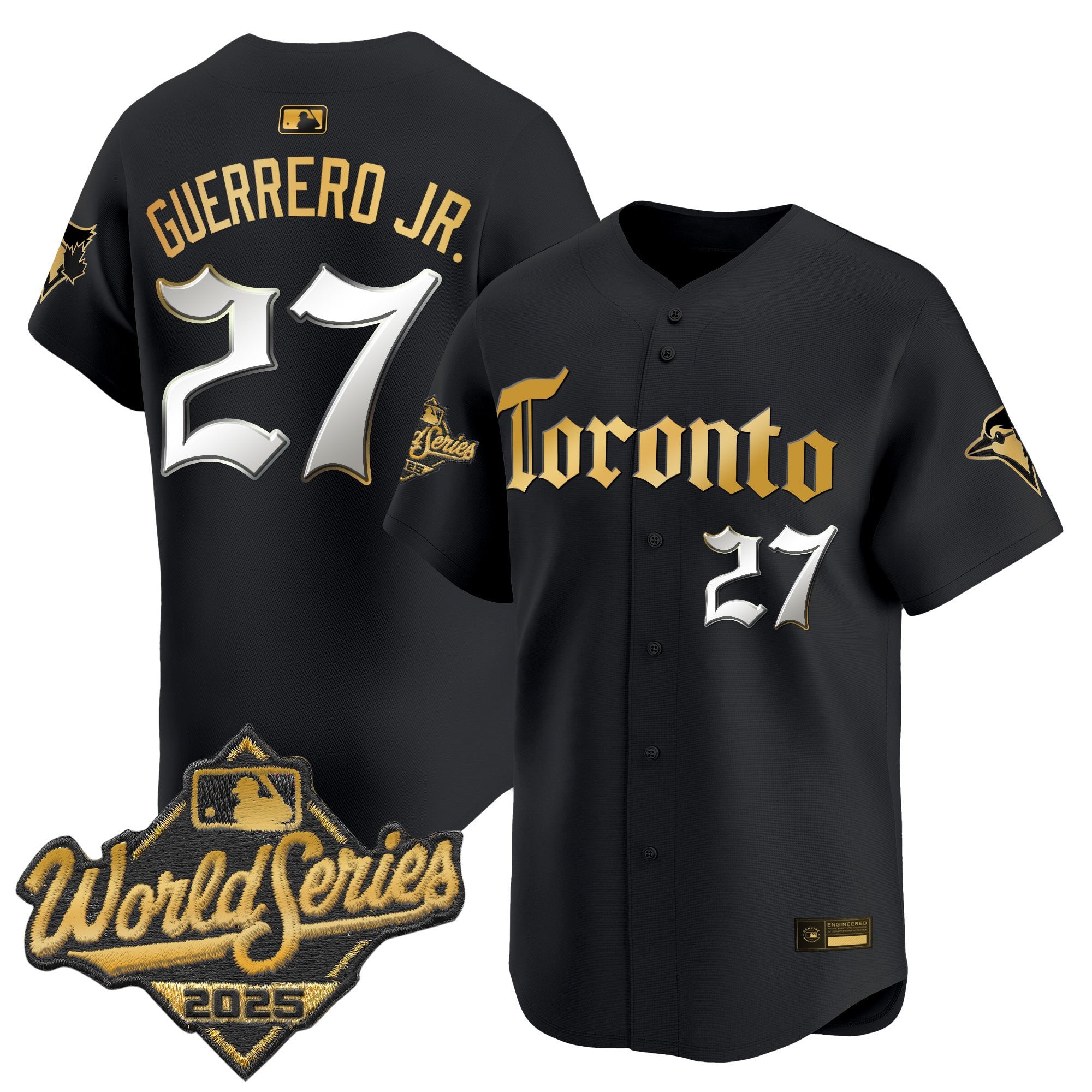 Men's Toronto Blue Jays 2025 World Series Vapor Premier Limited Jersey - Gothic North Edition - All Stitched - Black Gold, Vladimir Guerrero Jr.