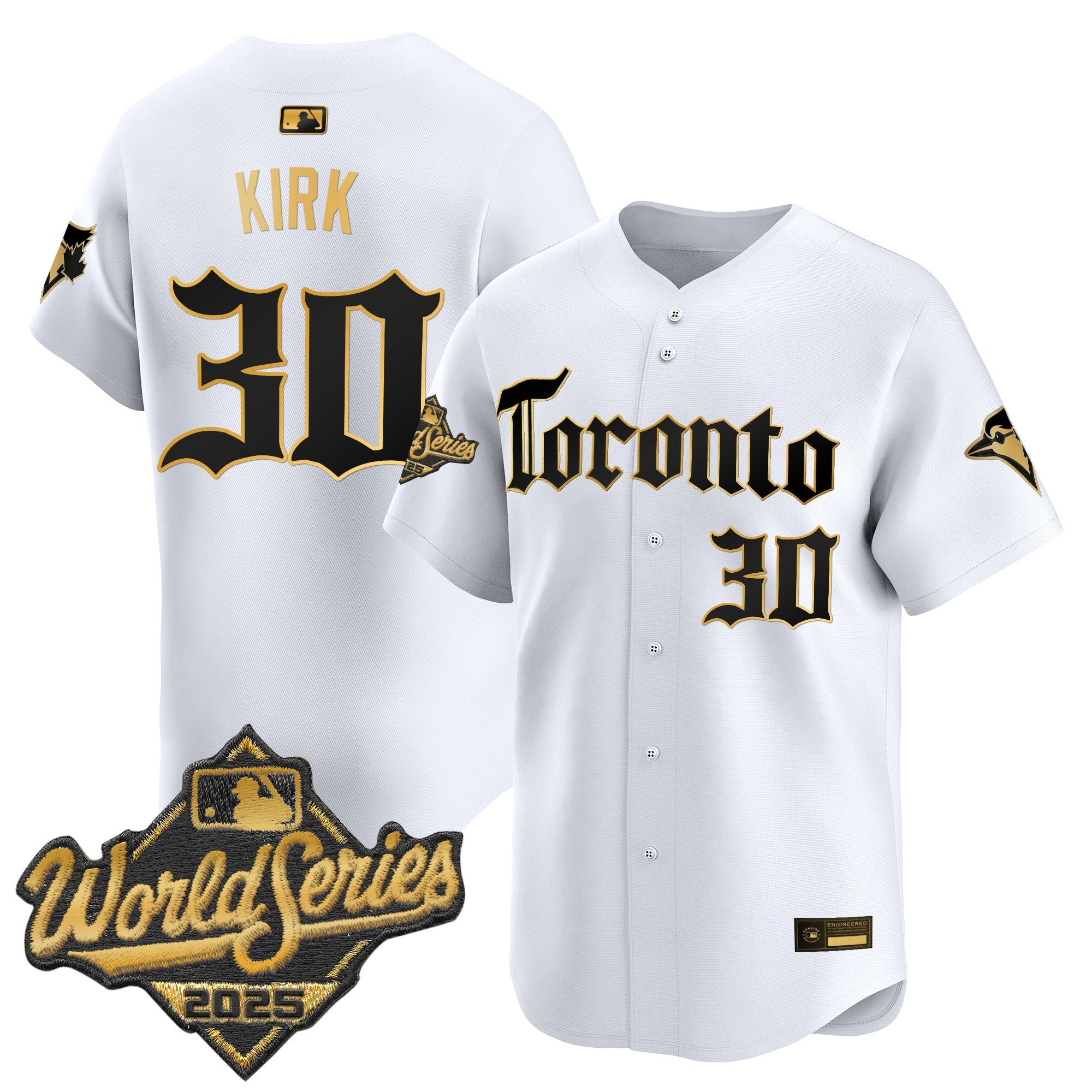 Men's Toronto Blue Jays 2025 World Series Vapor Premier Limited Jersey - Gothic North Edition - All Stitched - White Gold, Alejandro Kirk