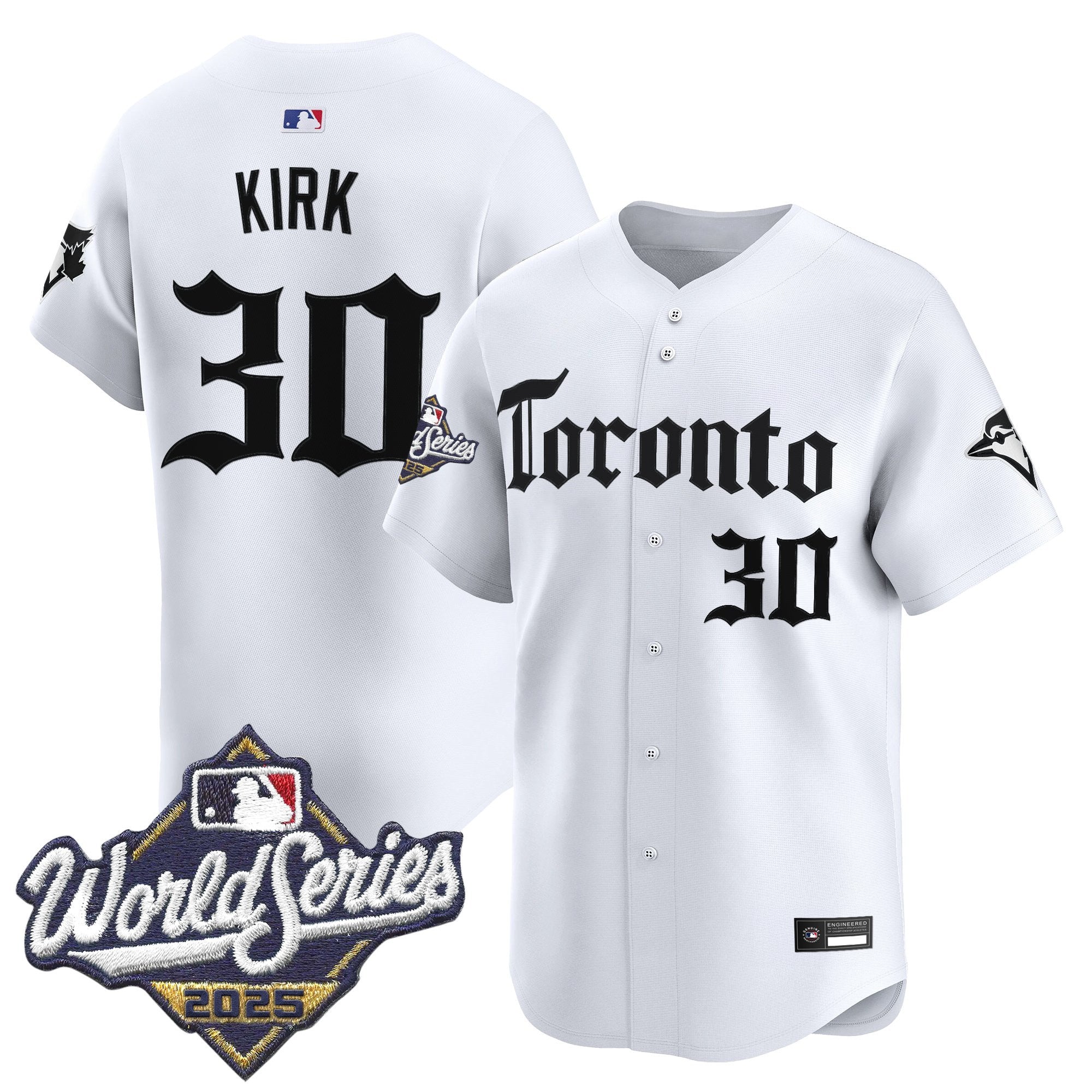 Men's Toronto Blue Jays 2025 World Series Vapor Premier Limited Jersey - Gothic North Edition - All Stitched - White, Alejandro Kirk
