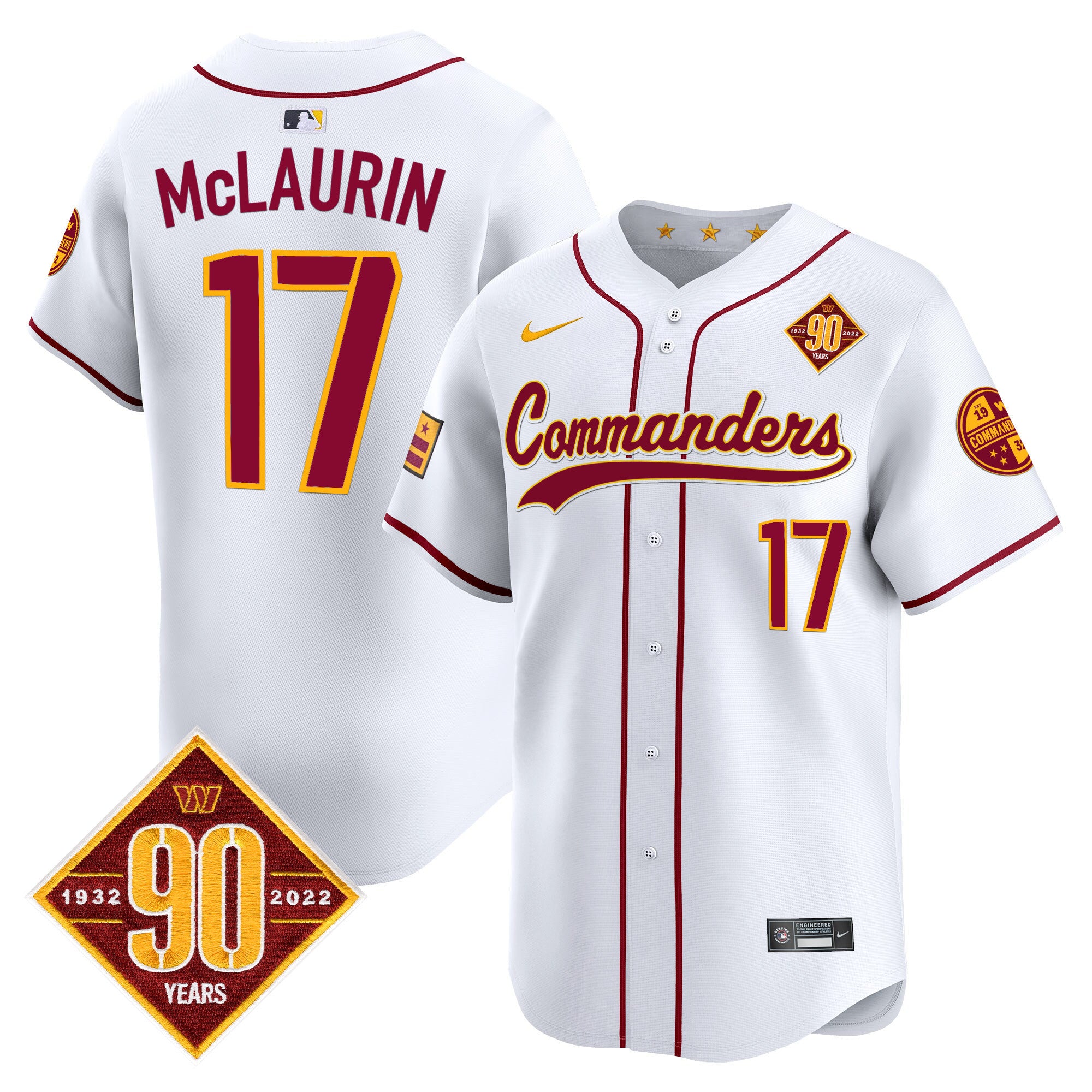Men's Washington Commanders 90th Anniversary Patch Vapor Premier Limited Jersey - All Stitched - White, Terry McLaurin