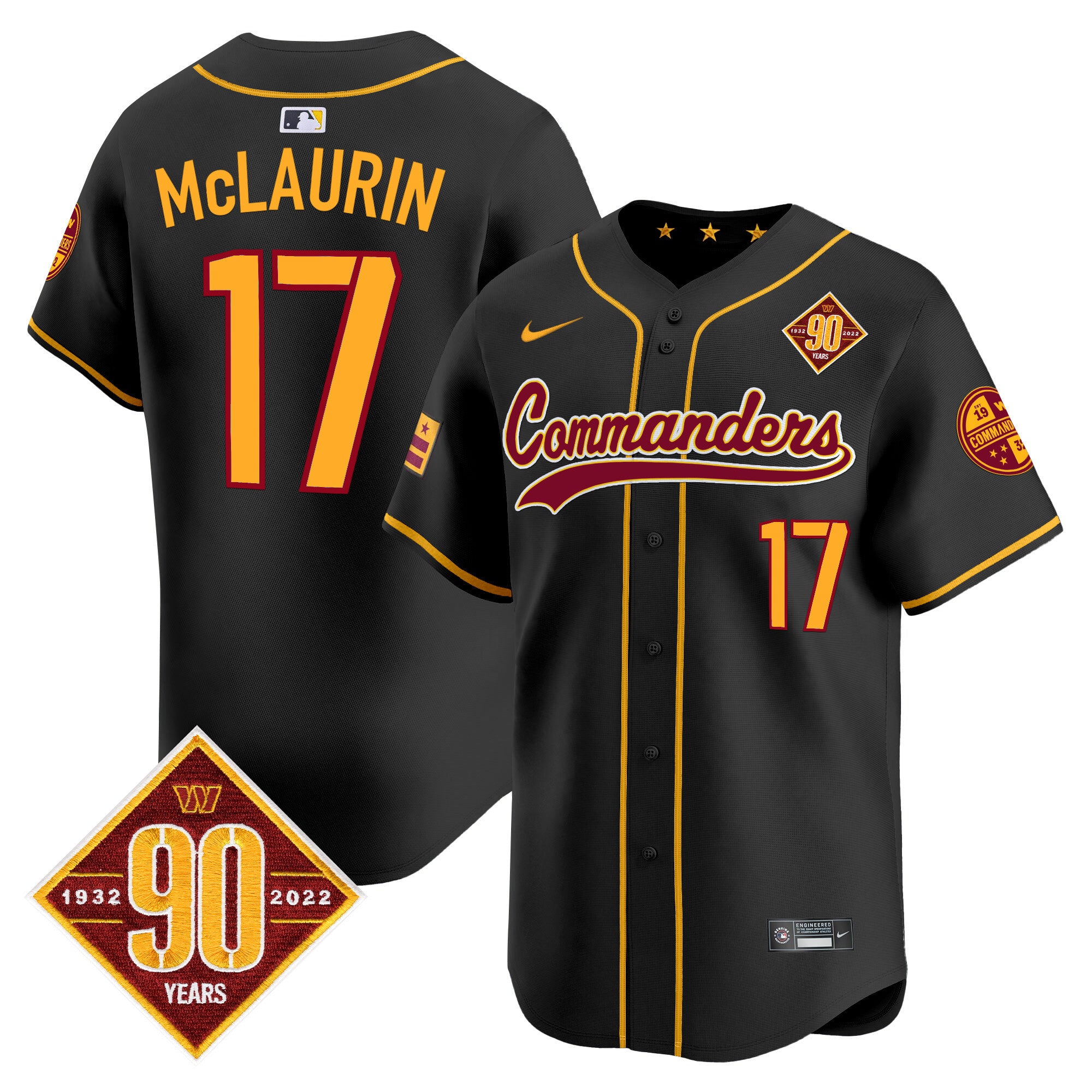 Men's Washington Commanders 90th Anniversary Patch Vapor Premier Limited Jersey - All Stitched - Black, Terry McLaurin