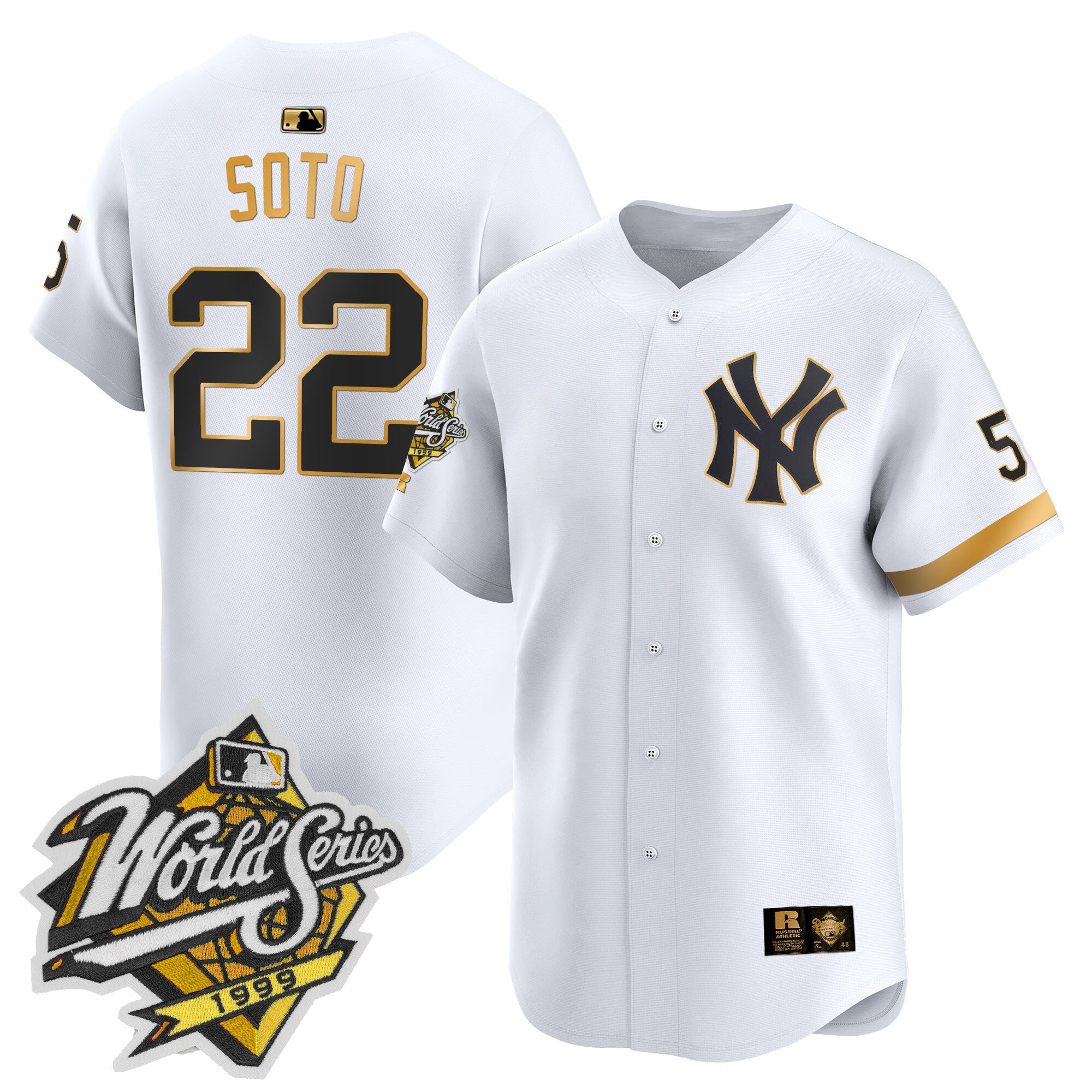 Men's Yankees 1999 Throwback Joe DiMaggio Patch Vapor Premier Limited Jersey - All Stitched - White Gold, Juan Soto