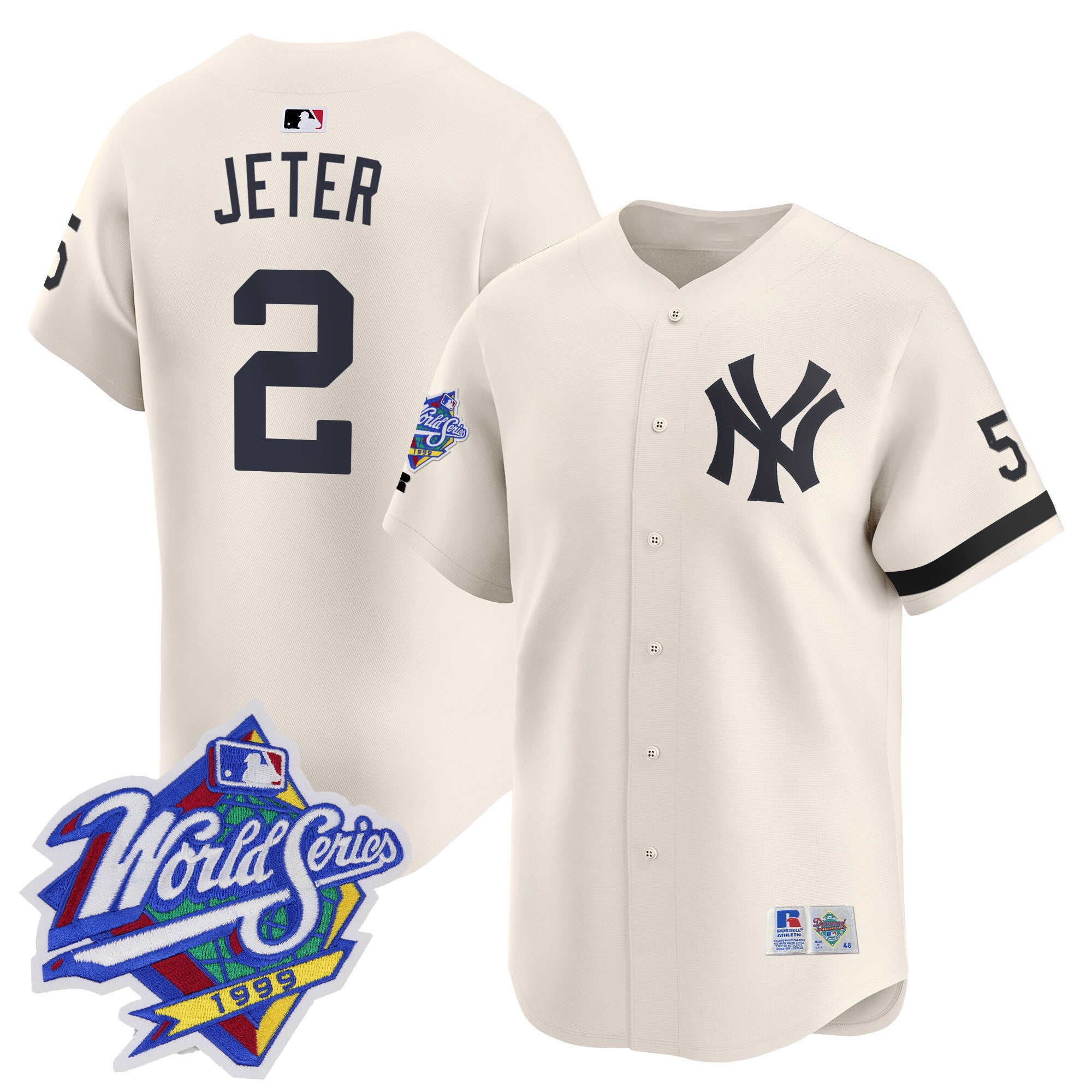 Men's Yankees 1999 Throwback Joe DiMaggio Patch Vapor Premier Limited Jersey - All Stitched - Cream, Derek Jeter