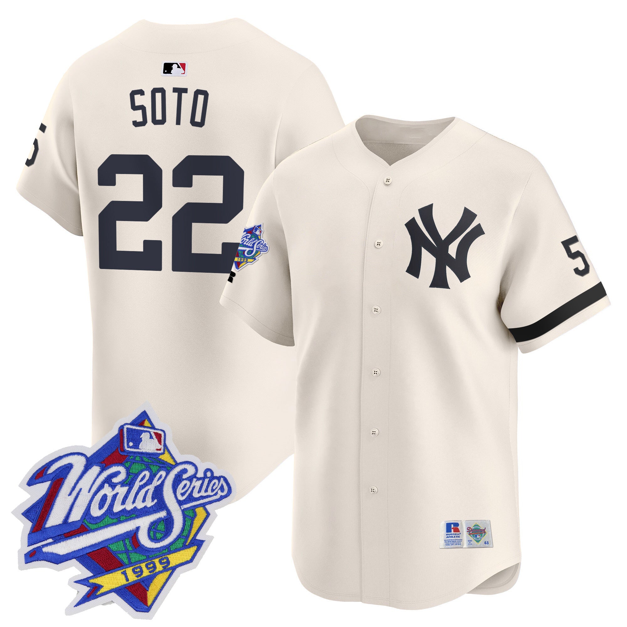Men's Yankees 1999 Throwback Joe DiMaggio Patch Vapor Premier Limited Jersey - All Stitched - Cream, Juan Soto