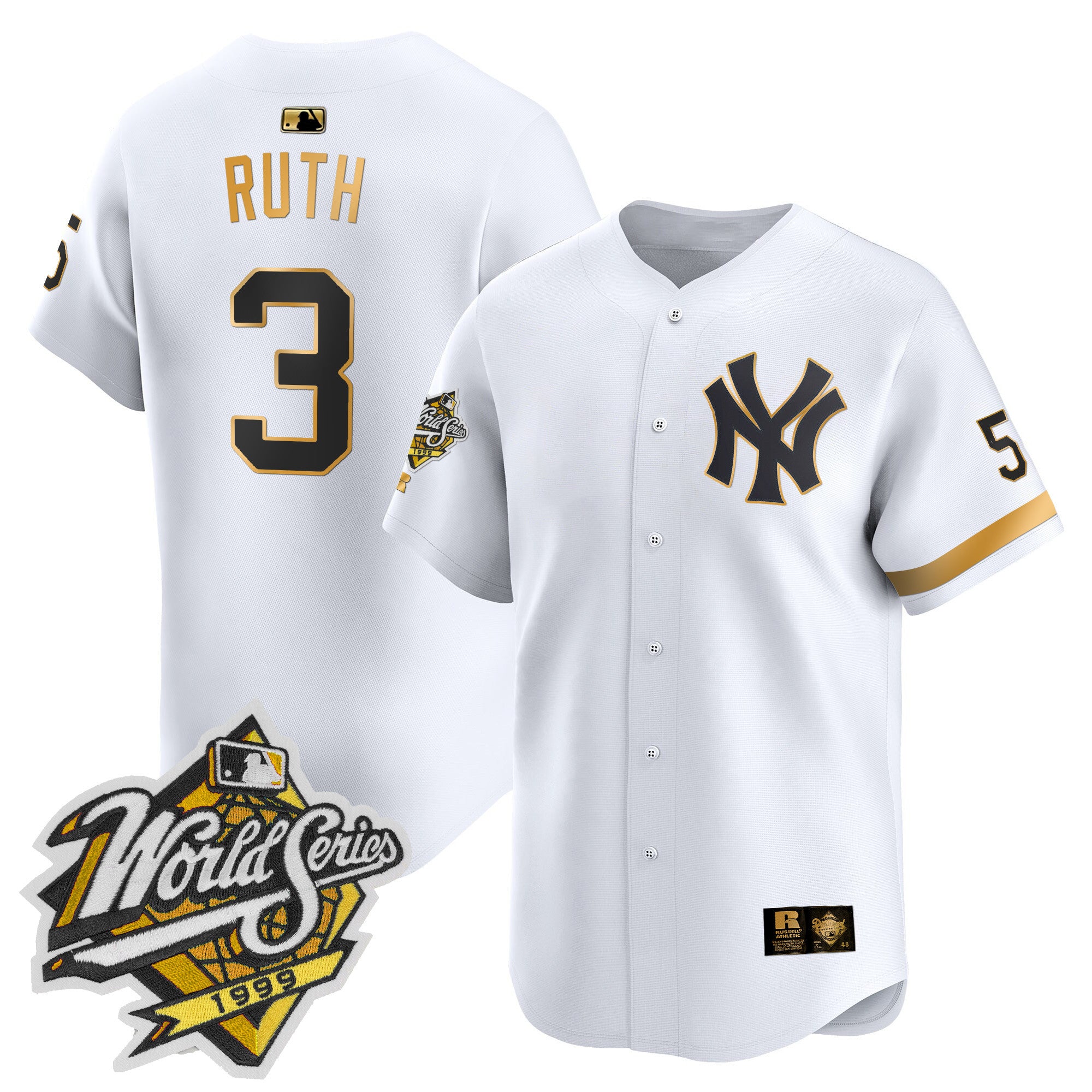 Men's Yankees 1999 Throwback Joe DiMaggio Patch Vapor Premier Limited Jersey - All Stitched - White Gold, Babe Ruth