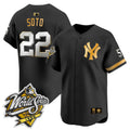 Men's Yankees 1999 Throwback Joe DiMaggio Patch Vapor Premier Limited Jersey - All Stitched - Black Gold, Juan Soto