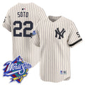 Men's Yankees 1999 Throwback Joe DiMaggio Patch Vapor Premier Limited Jersey - All Stitched - Cream Pinstripe, Juan Soto