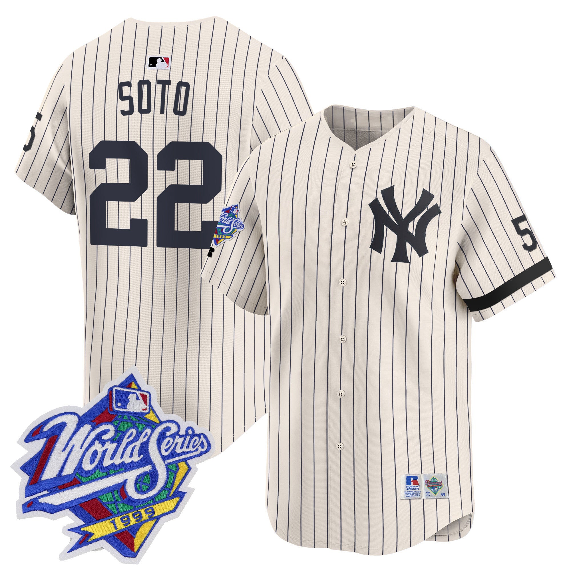 Men's Yankees 1999 Throwback Joe DiMaggio Patch Vapor Premier Limited Jersey - All Stitched - Cream Pinstripe, Juan Soto