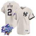 Men's Yankees 1999 Throwback Joe DiMaggio Patch Vapor Premier Limited Jersey - All Stitched - Cream Pinstripe, Derek Jeter